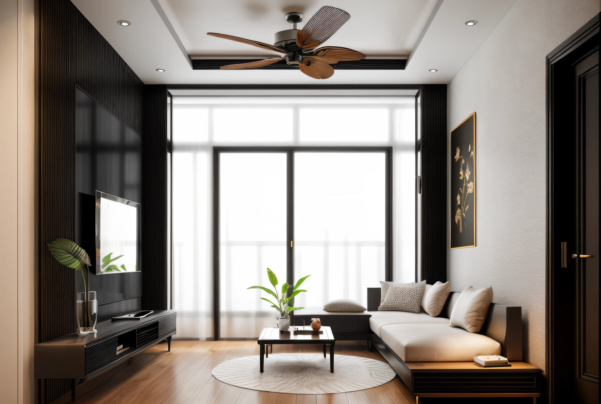RAW photo, Masterpiece, high quality, best quality, authentic, super detailed, livin groom, glossy indochina black furniture), 1 indochina style, 1 side bed, 1 fur carpet, shelf tv, glossy floor, 1 solid wood door:1.4,((laminated plaster,))), sunset light)), archdaily architecture, (high detail: 1.2), 8k uhd, dslr, soft light, high quality, film grain, Fujifilm XT3, High-end, hight dynamic light, hight contrast