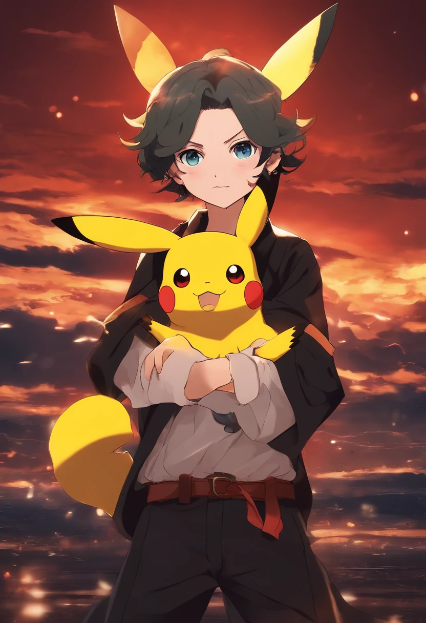 pikachu zenitsu kimetsu no yaiaba fusion cinematic image, corpo inteiro, cinematographic scene, epics, camiseta --ar