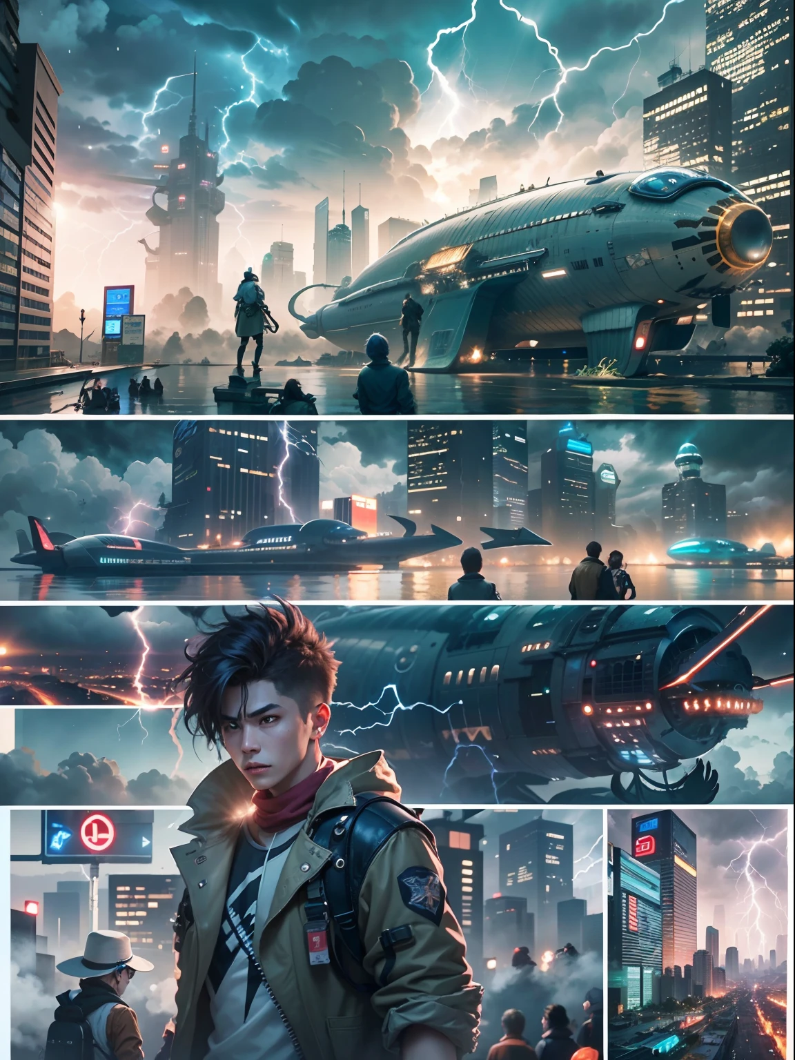 people,a 13 yo boylook up at the sky、fantasy-like protagonist、Cyberpunk Boy、silber hair、The beginning of the adventure、Lots of clouds,heavy fog、(Lightning:1.5)、(drenching:1.5)、Chaotic city of the future、Movie dystopia、(Giant airship:1.5)、A group of very tall skyscrapers stands in the center、Very complex cityscape,Crowded Chinese skyscrapers、street signs、streetlights、taxis、buses、Train、Blue lighting,Dark road、puddles、Chaotic、Beautiful and fantastic scenery、Cinematic scenery、hightquality、masutepiece,in 8K、hight resolution、