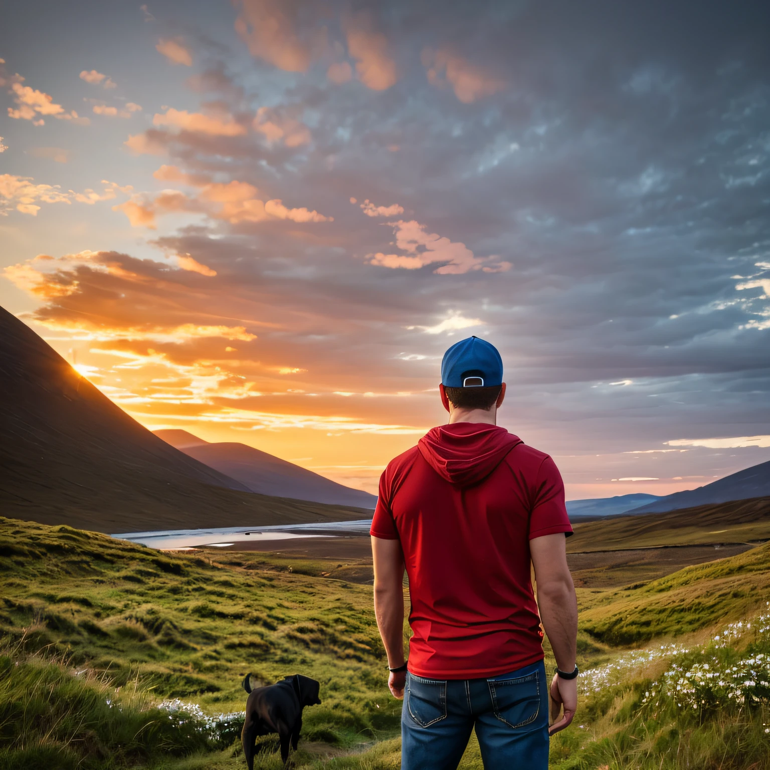 Landscape style in Scotland. A 40-year-old man with a white sports cap, dressed in jeans and a red, blue and white sports shirt. At his side a black labrador breed dog. The man is standing with his back turned, watching the sunrise. Pro-grade color grading, studio lighting, rim lights, layered comps, and shot with an EOS-1D X Mark III camera. Publish on 500px, Behance, and consider concept art.",Photorealistic Images, High-Speed ​​Photography, Table, Steam, Ad Posters, Pro-Grade Color Grading, Studio Lighting, Rim Lights, Layered Comps,EOS-1D X Mark III ,500px,Behance,Concept Art), photo.