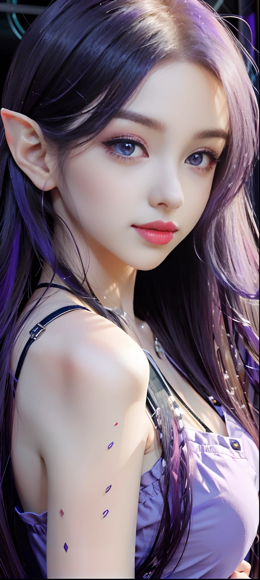 a close up of a woman with long purple hair and a black top, large breast, pale skin and purple eyes, beautiful elf with violet skin, anime girl in real life, stunning anime face portrait, beautiful anime girl, photorealistic anime, beautiful anime face, cute natural anime face, kawaii realistic portrait, hyper realistic anime, beautiful violet eyes, girl cute-fine-face