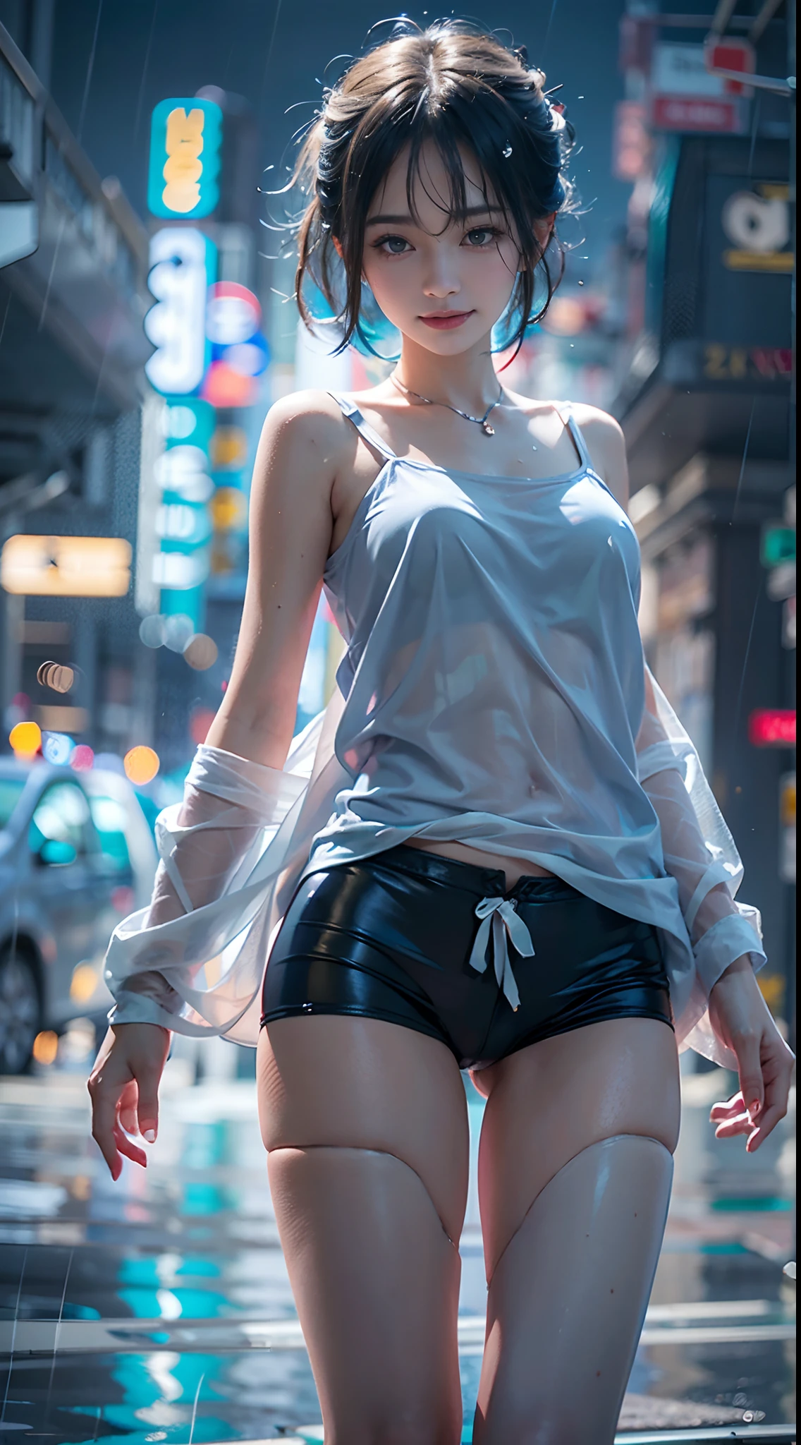 blue-sky, Wet in the rain, The whole body is soaking wet, white t-shirts, light blue pantie, Wet costumes are see-through, Modern cityscape, Smiling smile, (NSFW), 1womanl, 独奏, 24 year old, 7headed body, (Ideal ratio body proportions), (Composition from head to thigh), erectile nipple, Sexy body, Wet, short-hair, A dark-haired, small tits, A slender, Small buttocks, beauty legs, Skinny Legs, surrealism, Cinematic lighting, depth of fields, One-person viewpoint, F/1.8, 135 mm, nffsw, masutepiece, ccurate, ((Anatomically correct)), Textured skin, Super Detail, high details, High quality, awardwinning, Best Quality, hight resolution, 8K