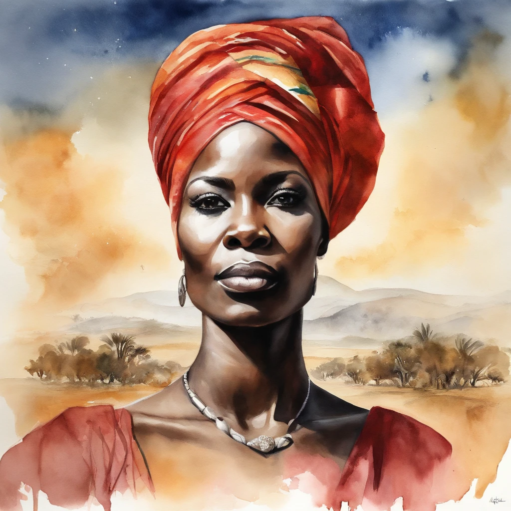 Creates a striking double exposure photograph that perfectly combines the presence of a close-up of an African woman with a turban and a translucent head, within the area of translucency is the horizon of an African savannah, with the ((flag of Angola )) what surrounds the head are cosmic images.