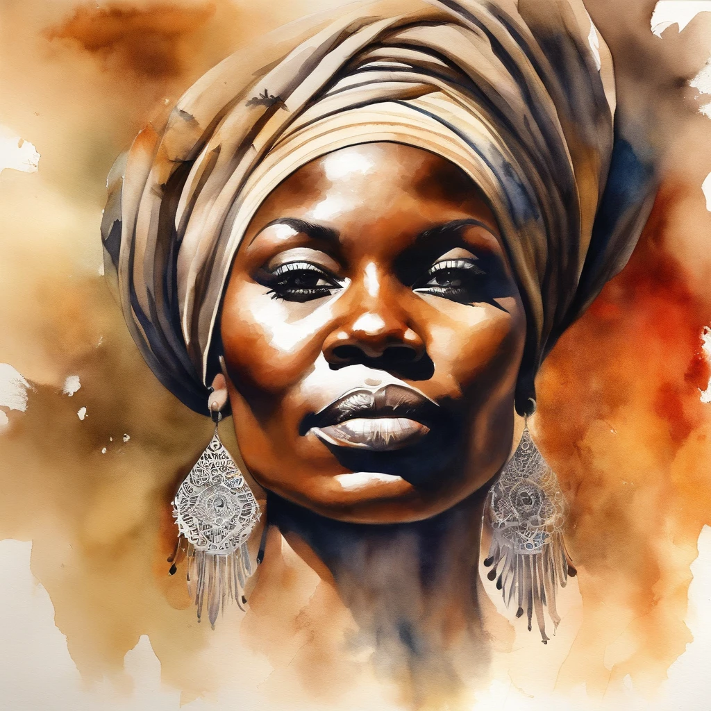 Creates a striking double exposure photograph that perfectly combines the presence of a close-up of an African woman with a turban and a translucent head, within the area of translucency is the horizon of an African savannah, with the ((flag of Angola )) what surrounds the head are cosmic images.