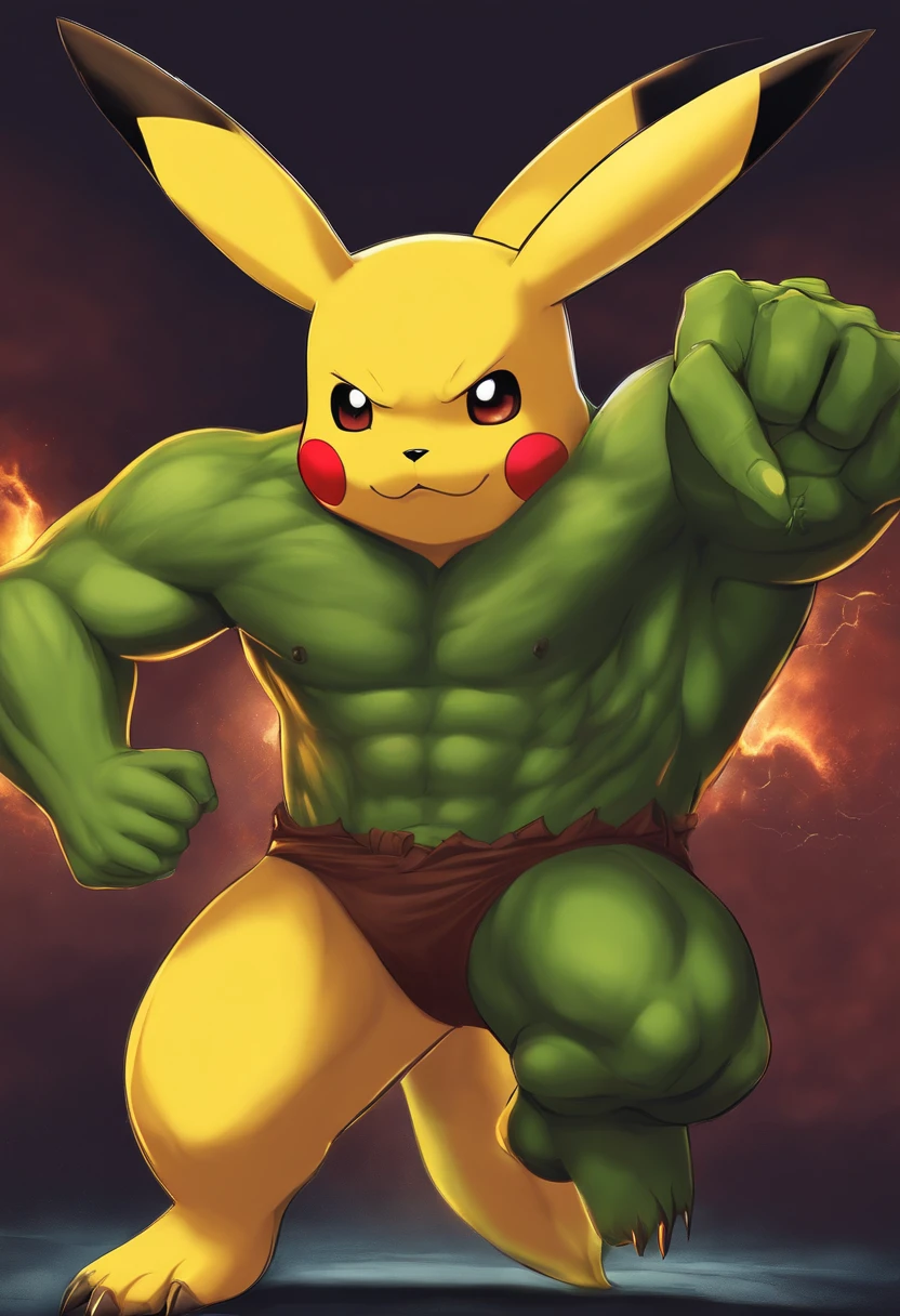 Uploaded on e621, (((by syuro))), ((pikachu, yellow fur, tail, muscular male, muscular body, huge pecs, muscular arms, muscular legs, abs, cute face, completely nude, hyper penis, huge penis, thick penis, veiny penis, long penis, foreskin, precum, precum drip, hyper balls, huge balls, saggy balls, low hanging balls, brown balls, foreskin)), ((flexing, arms up, dynamic pose, sexy pose, smirk, evil expression, sparks, lightning effects))