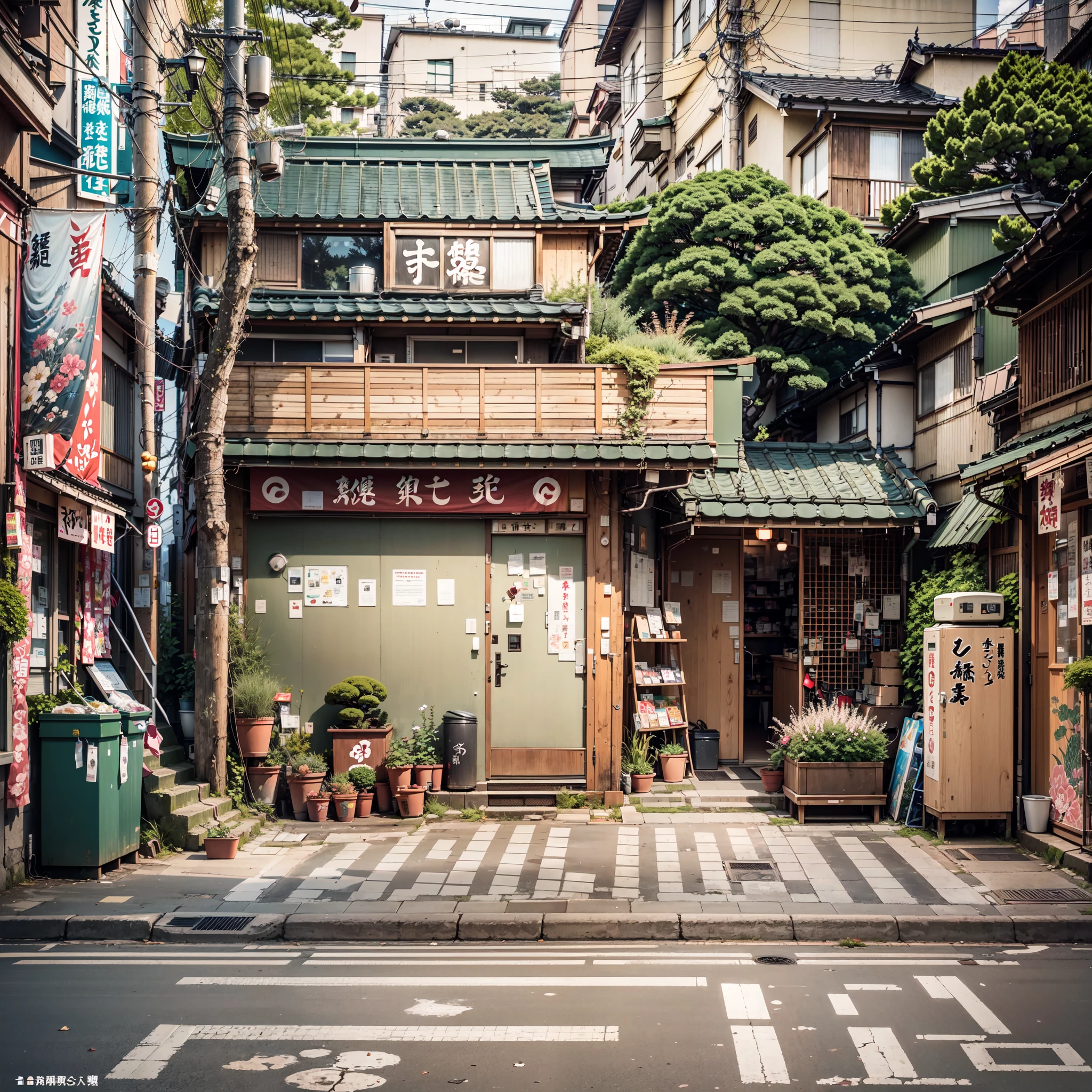 anime background, anime wallpaper, anime, anime style, anime aesthetic, compact urban japanese alley, modern japanese coffee shop, golden lighting coming out of coffee shop window, narrow pathway, plant pots, trees, rocks, trash cans, gutters, pipes, telephone wires, air vents, air ventilation systems, japanese banners, japanese shop signs, japanese billboard, no one in sight, no people, empty street, (no one: 1), best quality, mid day, modern japan architecture, tokyo,