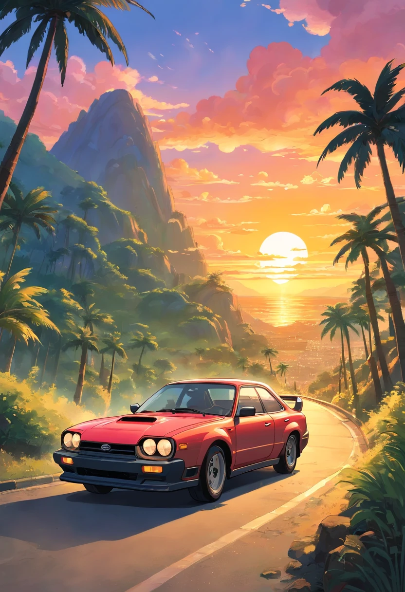 sticker design, subaru classic car, sunset background, palm trees, 5 layers colors, drifting in mountain road, smoke from tyres