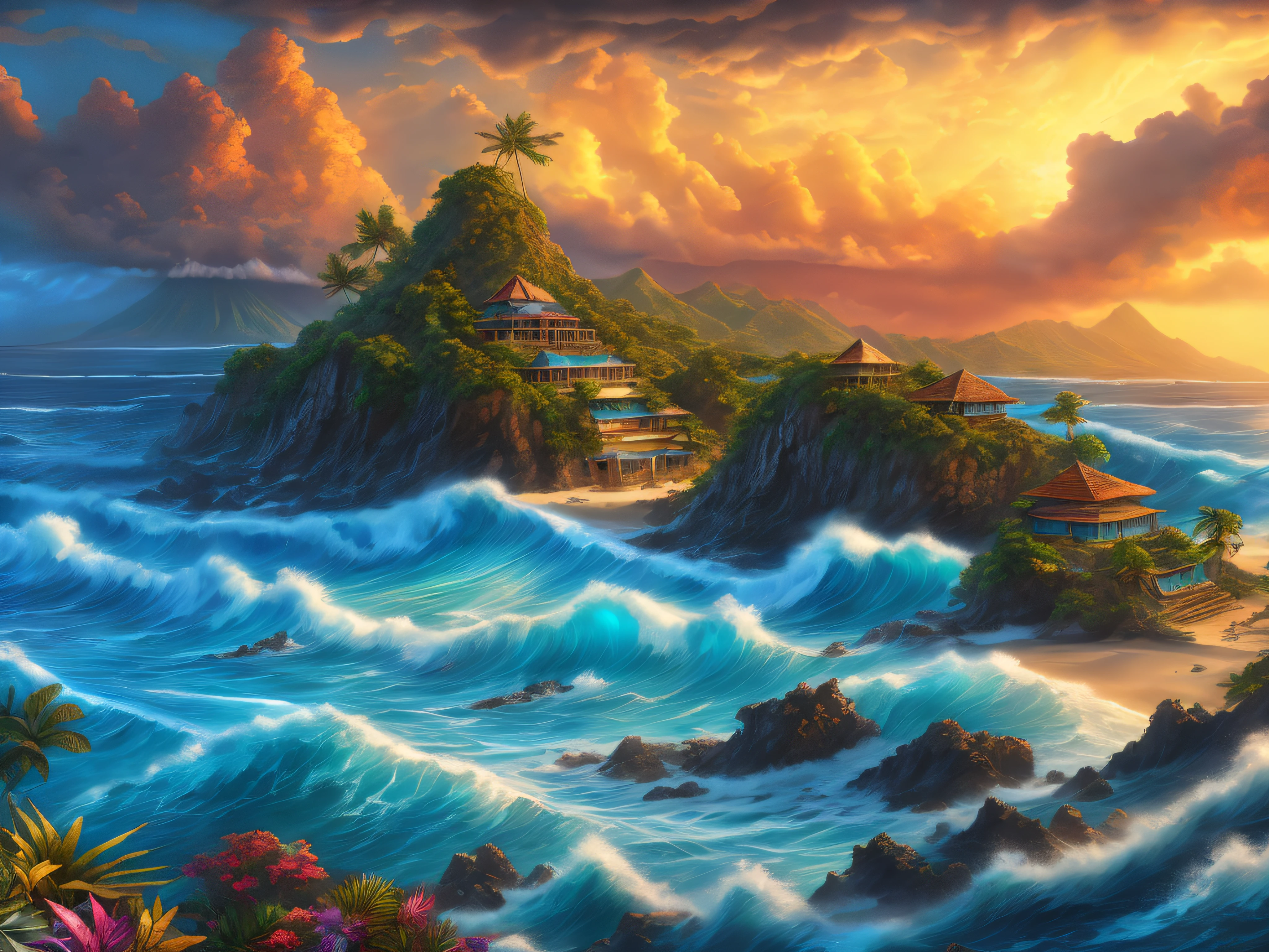 a tropical volcanic island battered by a tsunami storm, beautiful cliffside villas, golden sandy beach, epic colourful dramatic sky, ultra highly detailed, 32 k, Fantastic Realism complex background, dynamic lighting, lights, digital painting, intricated pose, highly detailed intricated, stunning, textures