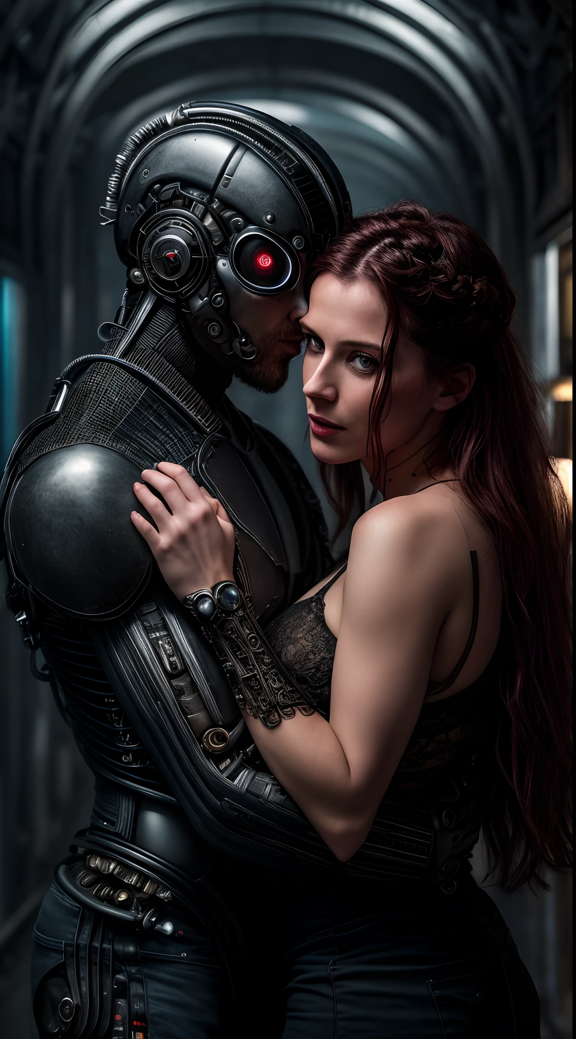 (2persons) (1male robot) (1 human woman) A futuristic Robot hugging a real woman in love, they are looking each other in the eyes, she is wearing a dark transparent dress and high heels, unreal engine, stable diffusion, cinematic lights, highly detailed. 