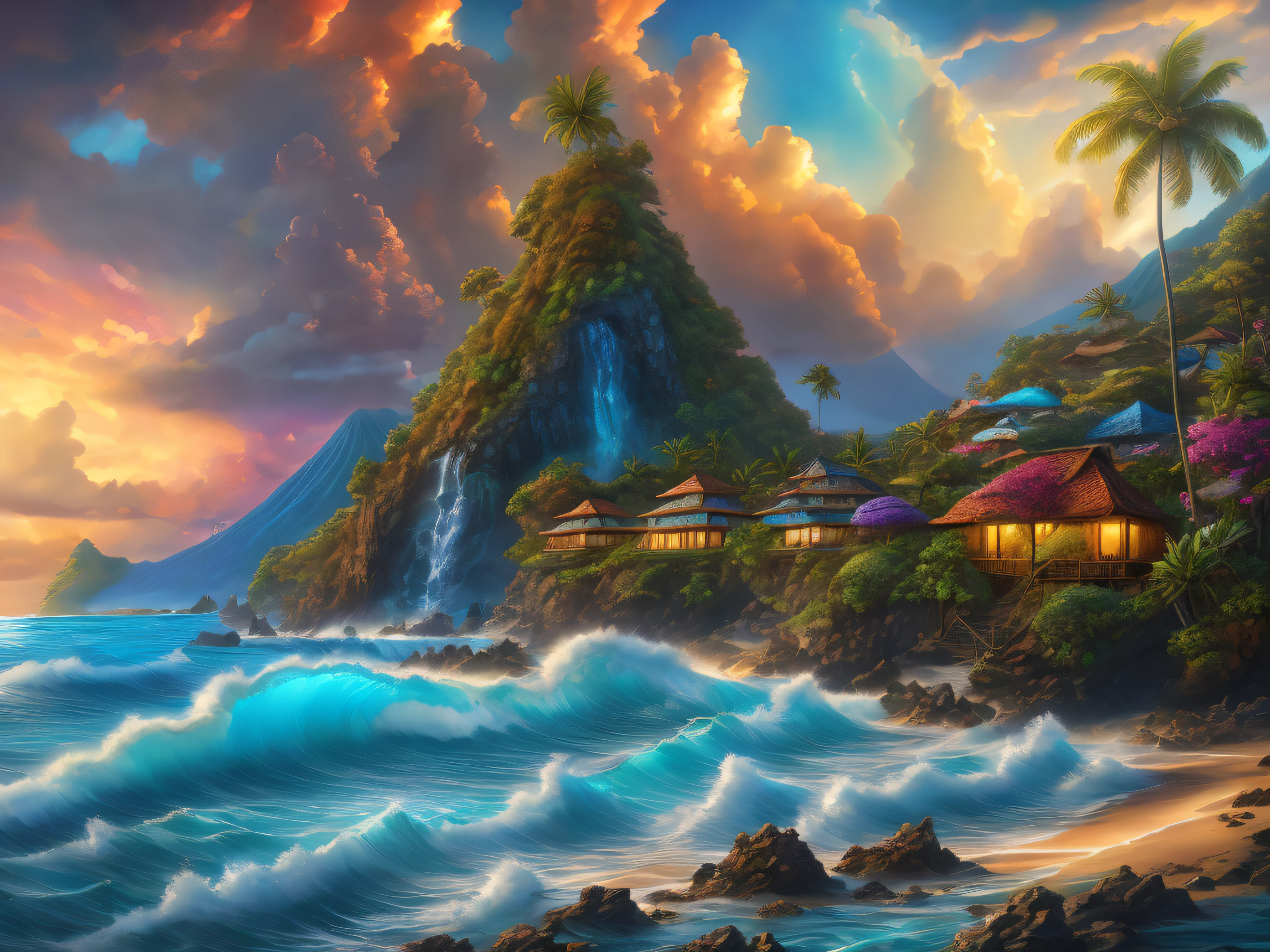 a tropical volcanic island battered by a tsunami storm, beautiful cliffside villas, golden sandy beach, epic colourful dramatic sky, ultra highly detailed, 32 k, Fantastic Realism complex background, dynamic lighting, lights, digital painting, intricated pose, highly detailed intricated, stunning, textures