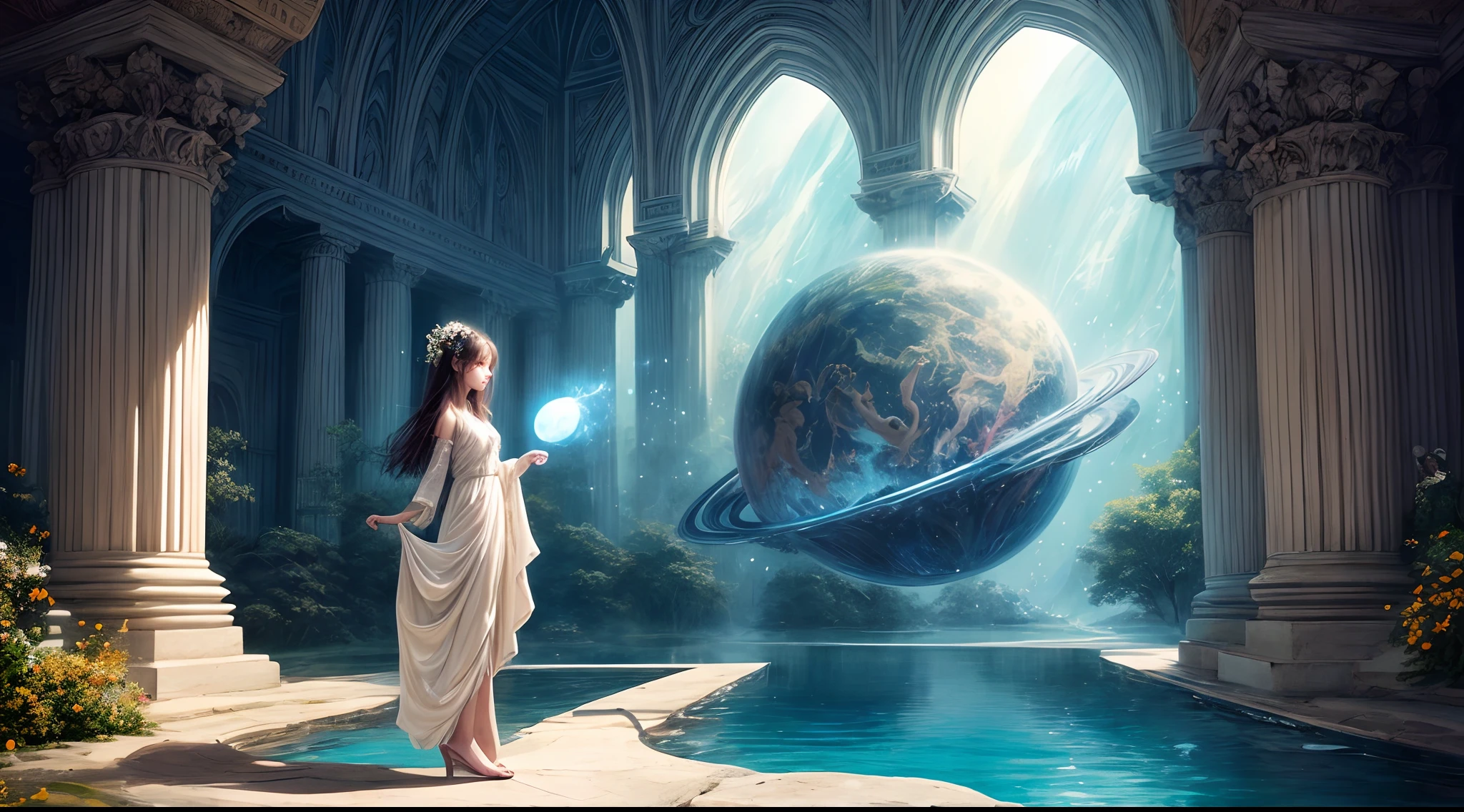 Painting: An enchanting artwork portraying a girl wearing silk, standing at the edge of a mystical pool, surrounded by swirling enchantments, with the distant planet casting an ethereal light upon her.