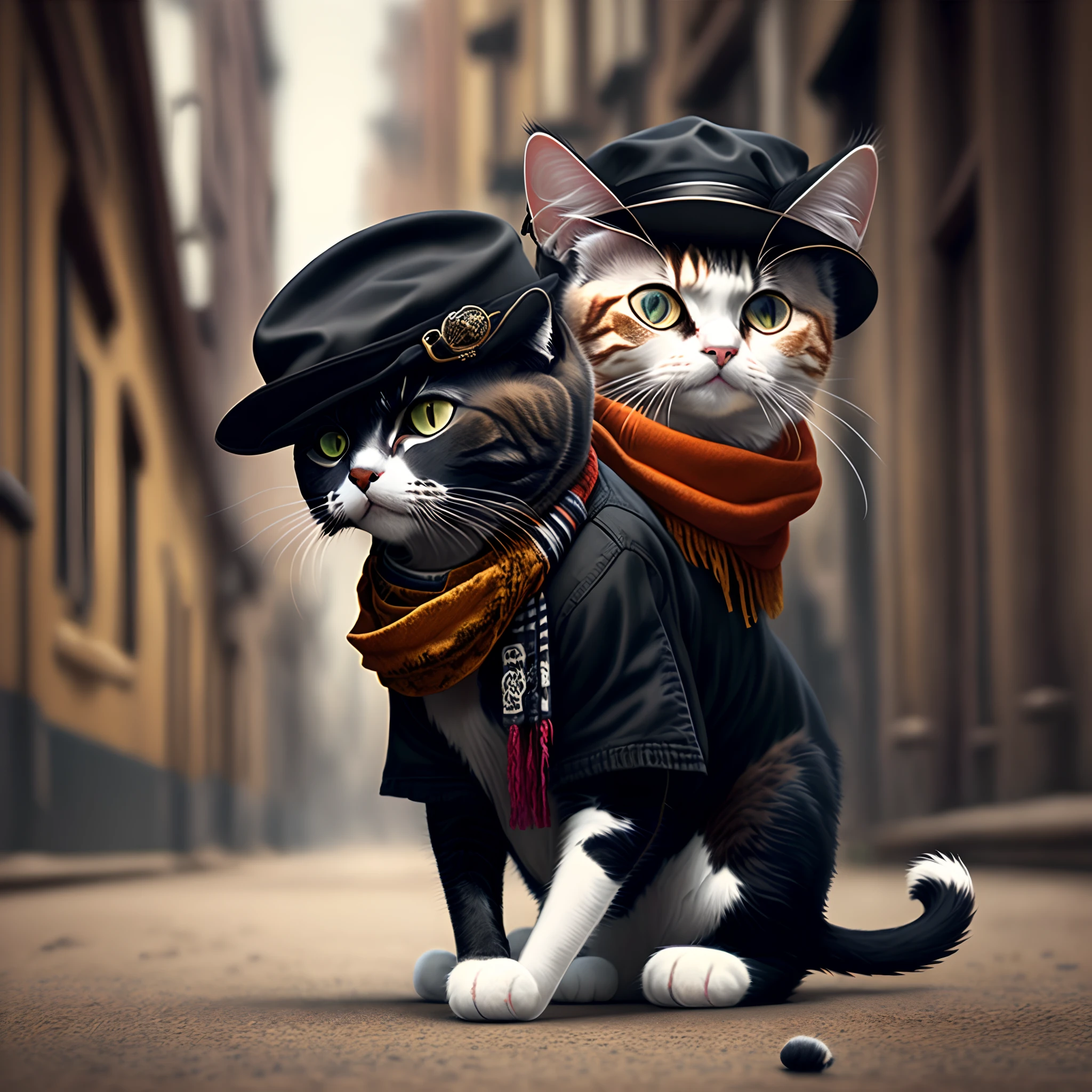 picture of a cat black in a hat and scarf, art station trend, dressed in punk clothes, hyper realistic detailed rendering, british gang member, urban style, intimidating pose, planet of cats, fashion clothes, urban samurai, meow, west slavic traits, 8 1