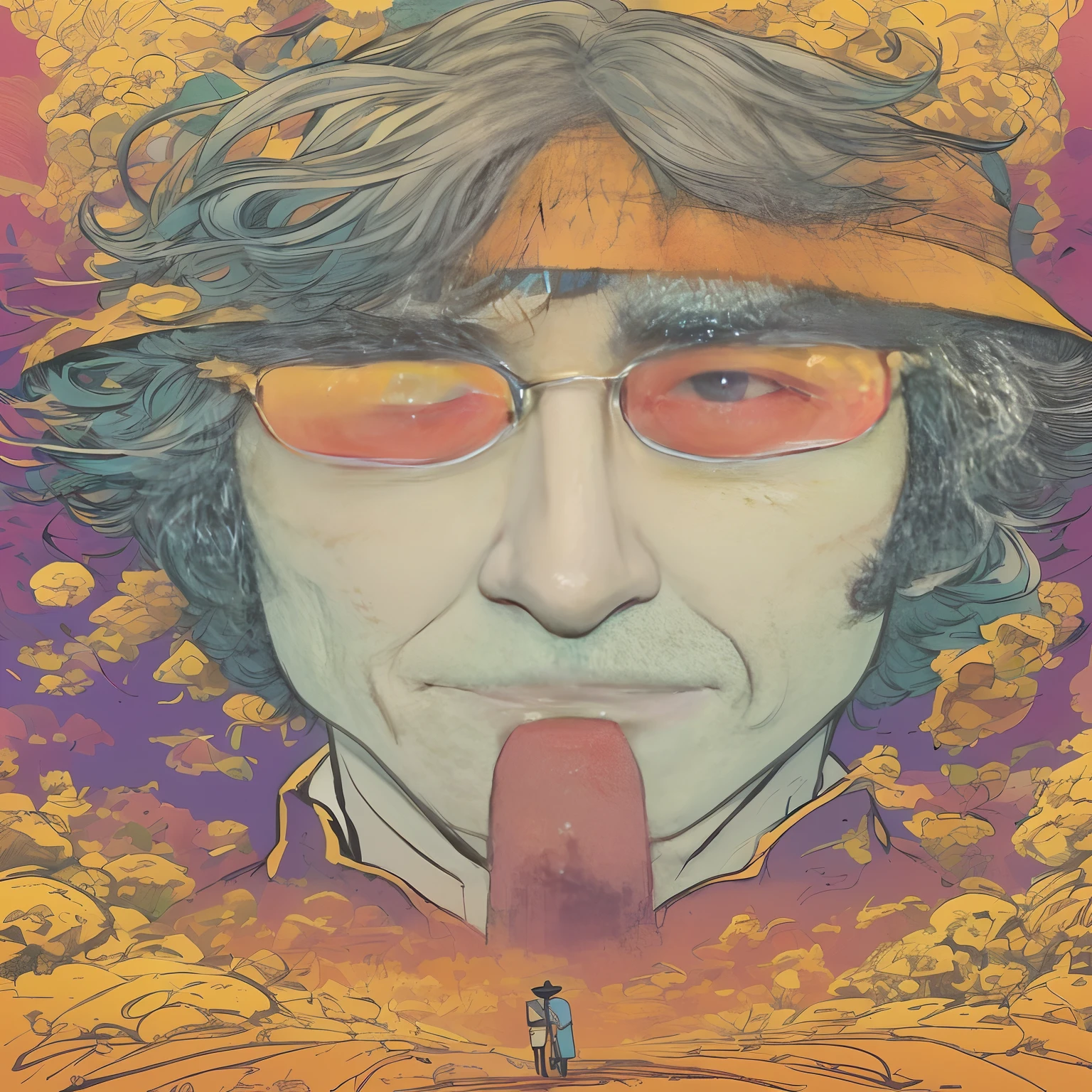 A closeup of a person with a hat and glasses, Tiago Jean Marc Simonetti, estilo da arte da capa do jojolion, Beeple e Jean Giraud, vibe yoshitaka amano, inspirado em Jean Giraud, Michael Kaluta, Moebius comic style, druillet colorido, inspirado em Josan Gonzalez, inspirado em John Altoon