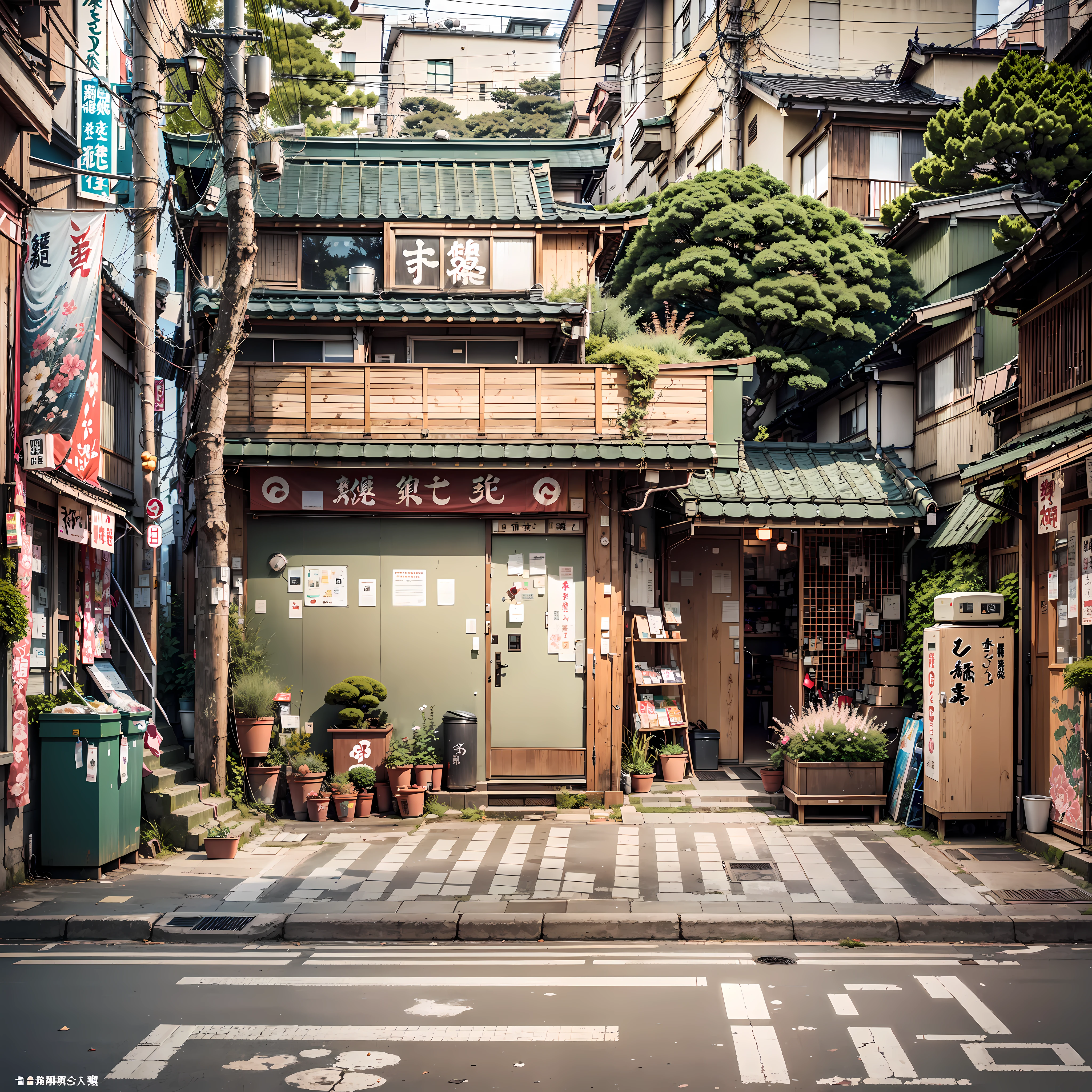 anime background, anime wallpaper, anime, anime style, anime aesthetic, compact urban japanese alley, modern japanese coffee shop, golden lighting coming out of coffee shop window, narrow pathway, plant pots, trees, rocks, trash cans, gutters, pipes, telephone wires, air vents, air ventilation systems, japanese banners, japanese shop signs, japanese billboard, no one in sight, no people, empty street, (no one: 1), best quality, mid day, modern japan architecture, tokyo,