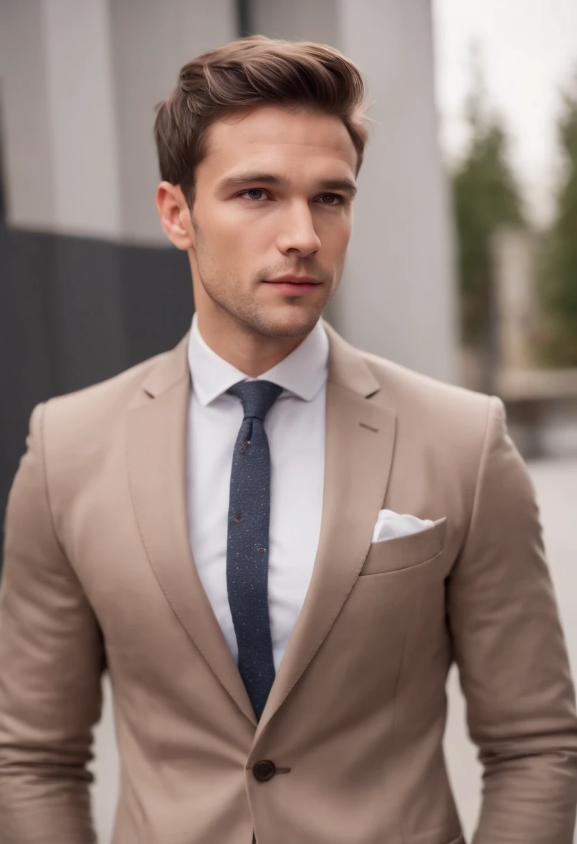 attractive 30 year old athletic man with short brown hair in Hugo boss business suit, full body shot medium size hairs