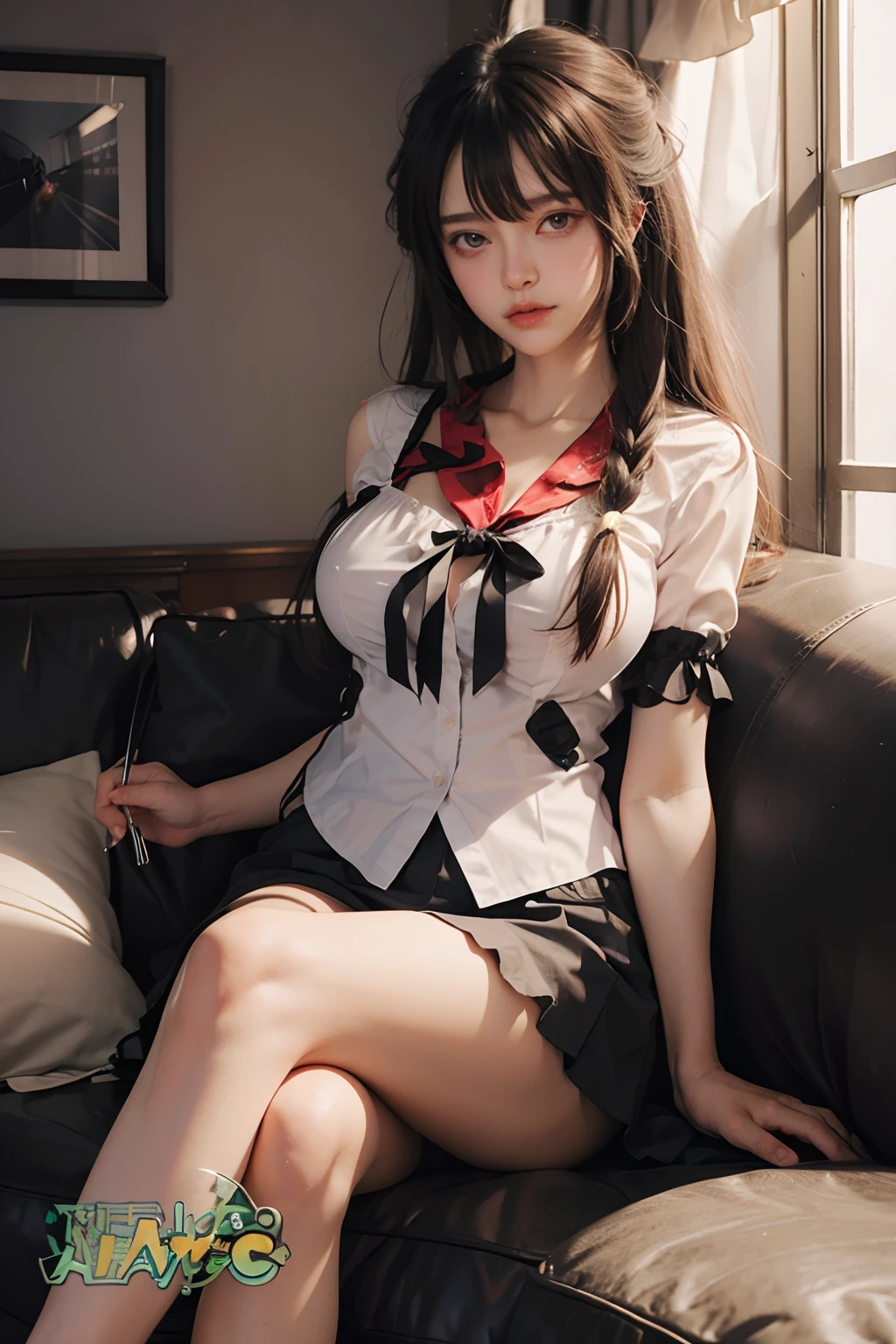 (8K, Highest quality, masterpiece:1.2, RAW Photos), One girl, (Cute school girl, Idol, beautiful girl, Baby Face:1.2), (Skin Dentition:1.5), night, (dark), Clear background indoors, Beautiful Bangs, nice, (Clothing and uniforms:1.3), (Attractive breasts:1.4, Cleavage), ((奇妙なdark部屋:1.3)), (Mouth closed:1.2, Beautiful Eyes, Fine grain, Detailed Iris, Beautiful Lips, Beautiful Nose, Beautiful Face), (primary color:1.5), (Beautifully glowing eyes:1.3), (Detailed eyes and face:1.3, Professional photography techniques), (Detailed hands:1.2), (Gaze at the viewer, blush:1.2), (Red nails:1.2)
