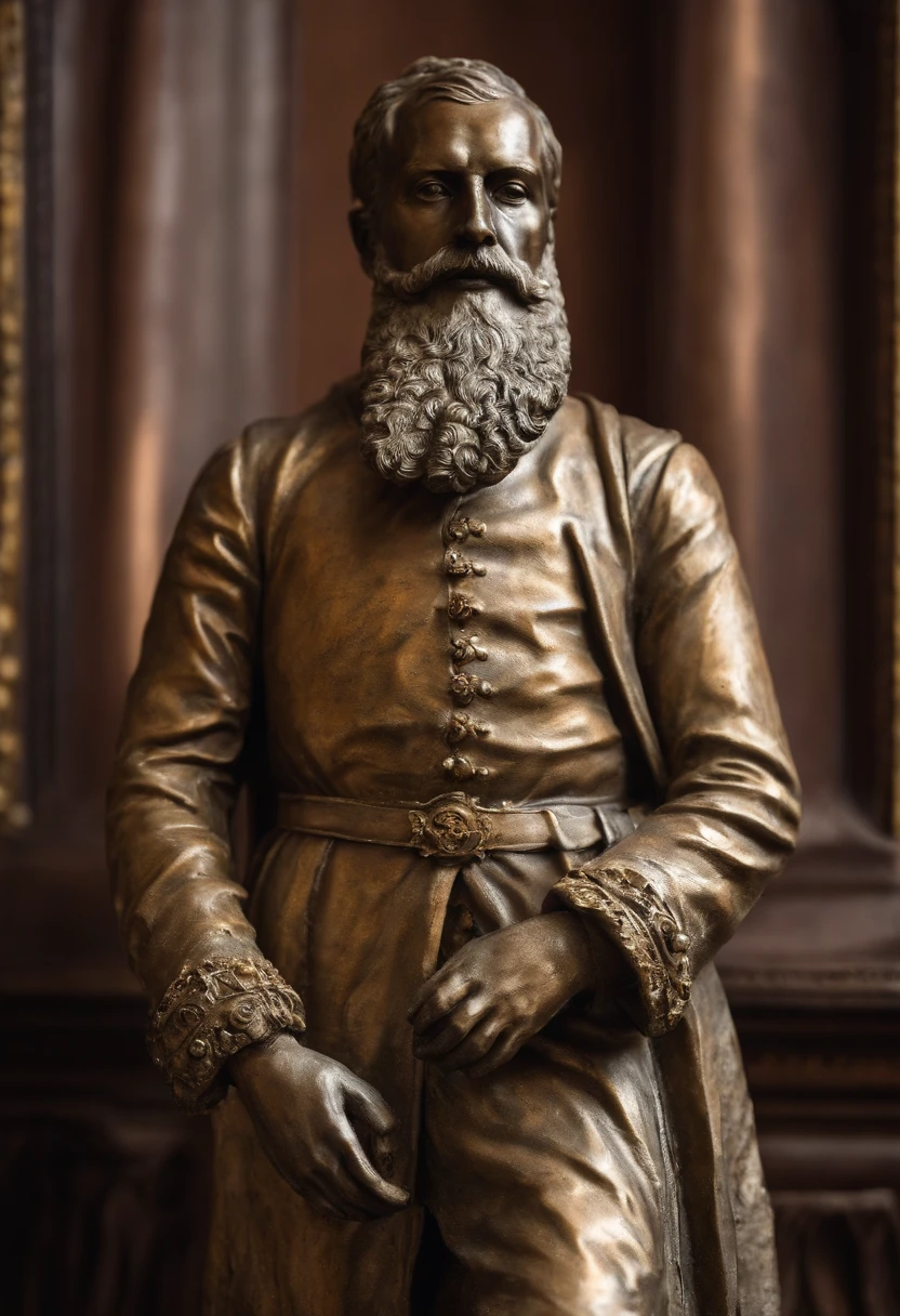 Create an artwork with a plaster statue depicting King Leopold IV, known as the Leper King Baldwin IV, accompanied by an iron mask. O fundo deve ser cinza, reflecting an atmosphere of solitude and highlighting the king's strength and determination in the face of leprosy.