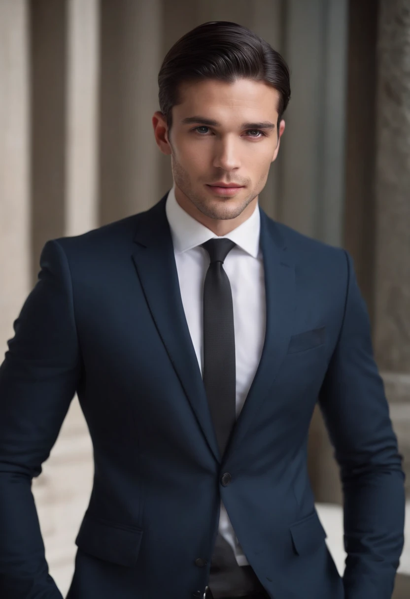 attractive 27 year old athletic man with medium long black hair in Hugo boss business suit