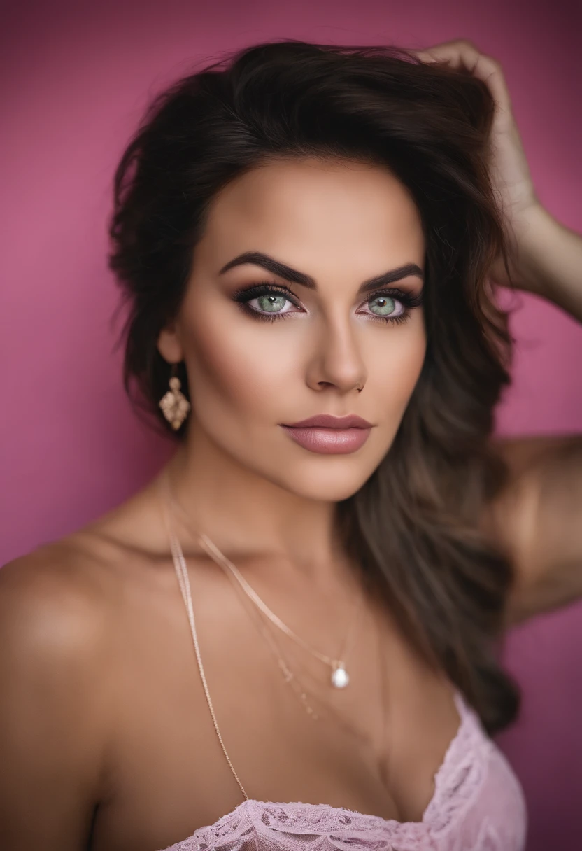 Arafed woman with a white tank top and necklace, fille sexy aux yeux verts, curvy , grande fesse ,cheveux bruns et grands yeux, selfie of a young woman, Yeux de chambre, Violet Myers, sans maquillage, maquillage naturel, looking straight at camera, Visage avec Artgram, Maquillage subtil, Superbe photo du corps entier, piercing green eyes, Bel angle, pose attrayante, sexy pose, Image du corps entier, corps entier, Prise de vue du corps entier, porter de la lingerie rose moulante et des bas noirs