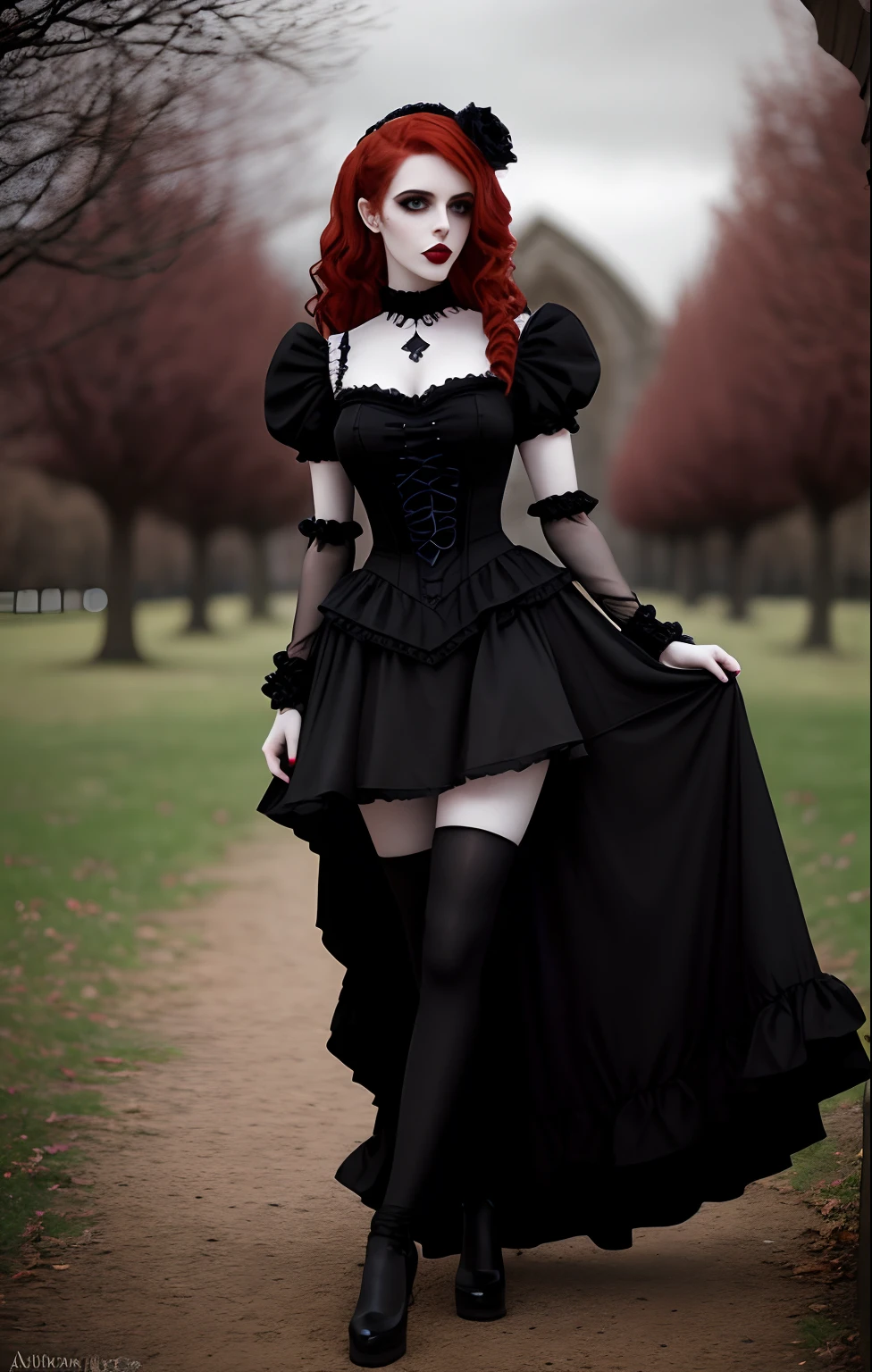 Mujer pelirroja con un vestido negro y medias negras de pie en un parque, Amouranth in Gothic Costume, wearing modern gothic clothes, wearing a gothic dress, Gothic fashion, goth clothes, Victorian Gothic, gothic wearing, Gothic dress, gothic style, goth clothes, victorian gothic lolita fashion, Red-haired goth girl dressed in black, Gothic red-haired girl ,Amouranth, gothic style, gothic aesthetic, dark gothic dress, Amouranth