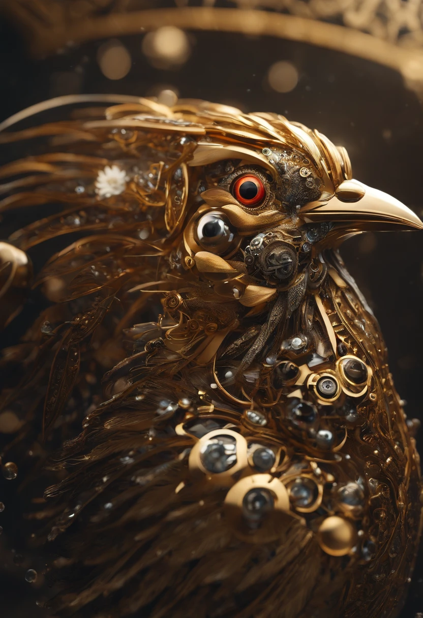 Hyper detailed biomechanical of Golden Pheasant bird with mechanical feathers, steampunk mechanical body, acrylic bubbles and flowers atmosphere, ferrofluids, water distortions. looking up, highly detailed object, intricate abstract. intricate artwork detailed. beeple. blend of organic and mechanical elements, futuristic, cybernetic, detailed, dynamic intricate, dark theme, (in awe:1.2), confident, (surprised:0.7), rich color, realistic rendring object, unreal engine 5, full shot, dynamic angle