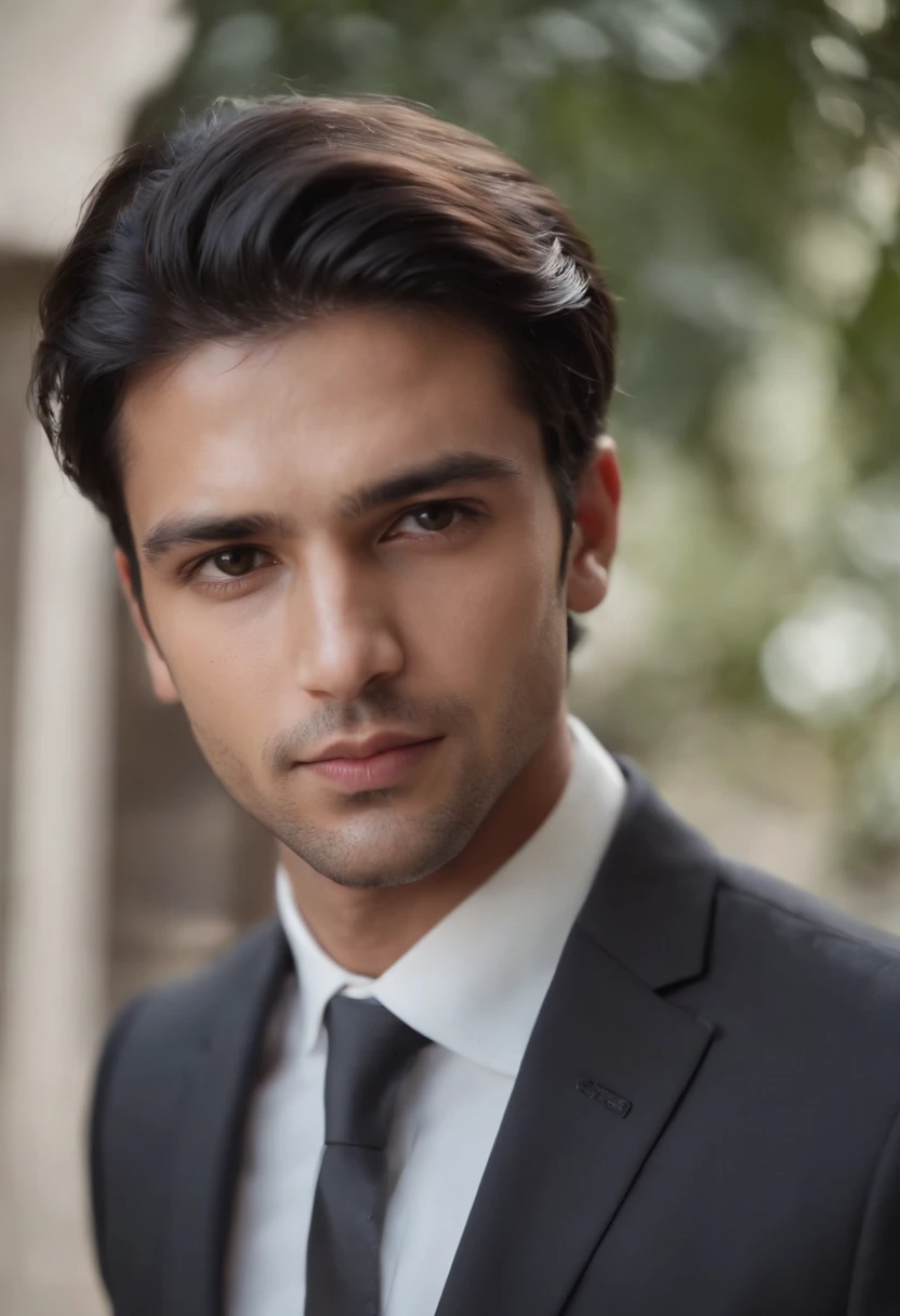 attractive 27 year old athletic man with medium long black hair in Hugo boss business suit in india