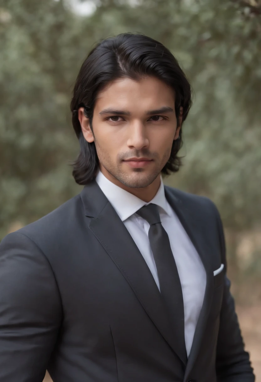 attractive 27 year old athletic man with medium long black hair in Hugo boss business suit in india