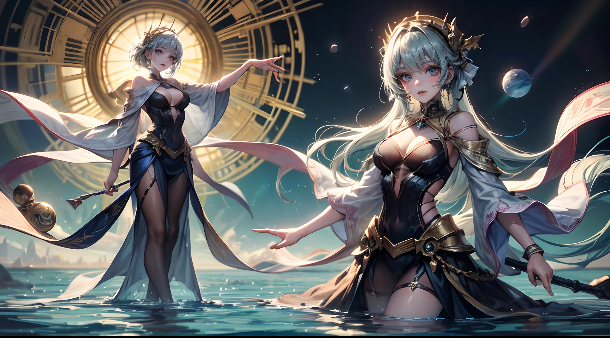 Painting: An enchanting artwork portraying a girl wearing silk, standing at the edge of a mystical pool, surrounded by swirling enchantments, with the distant planet casting an ethereal light upon her.