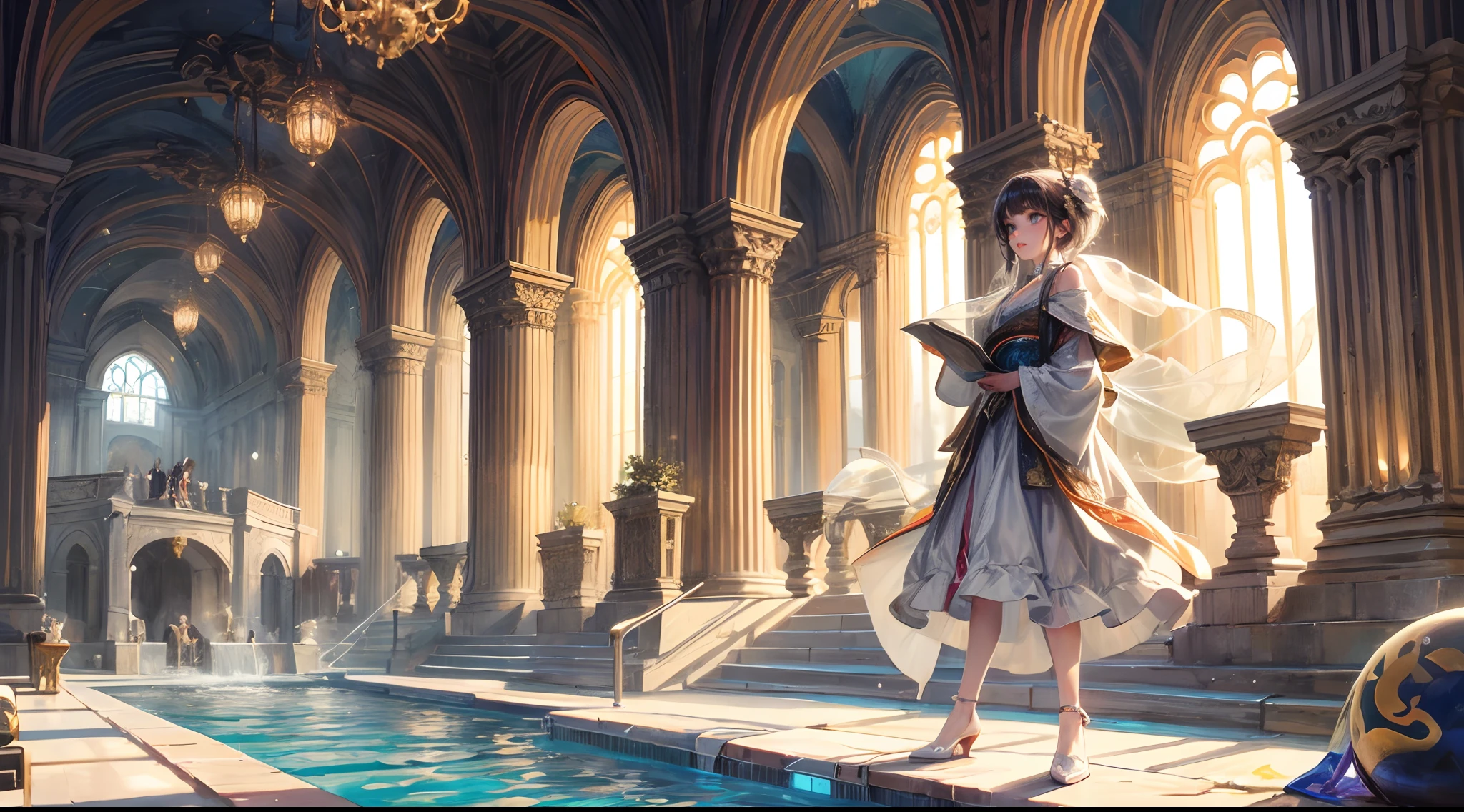 Painting: An enchanting artwork portraying a girl wearing silk, standing at the edge of a mystical pool, surrounded by swirling enchantments, with the distant planet casting an ethereal light upon her.