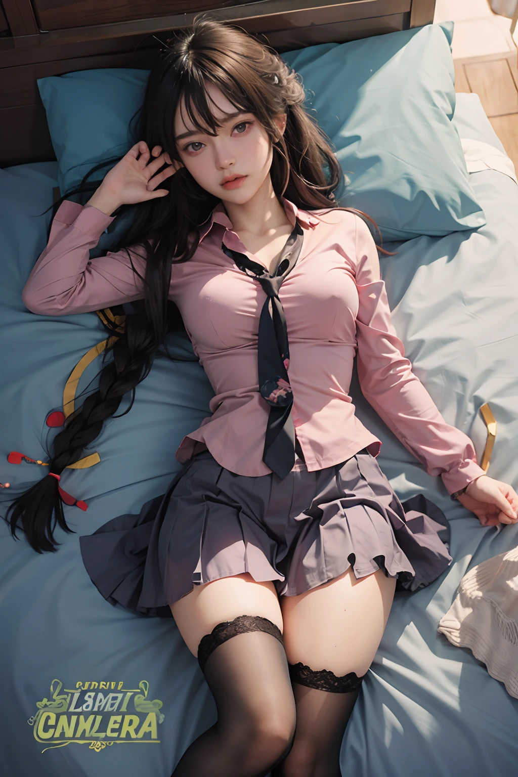 One woman Japan with ribbon in hair, white blouse, ribbon around neck, dark blue bra with floral pattern, navy blue panties with floral pattern, plain white silk ankle-length socks, wearing navy blue pumps, light white background, faint smile lying on white bed