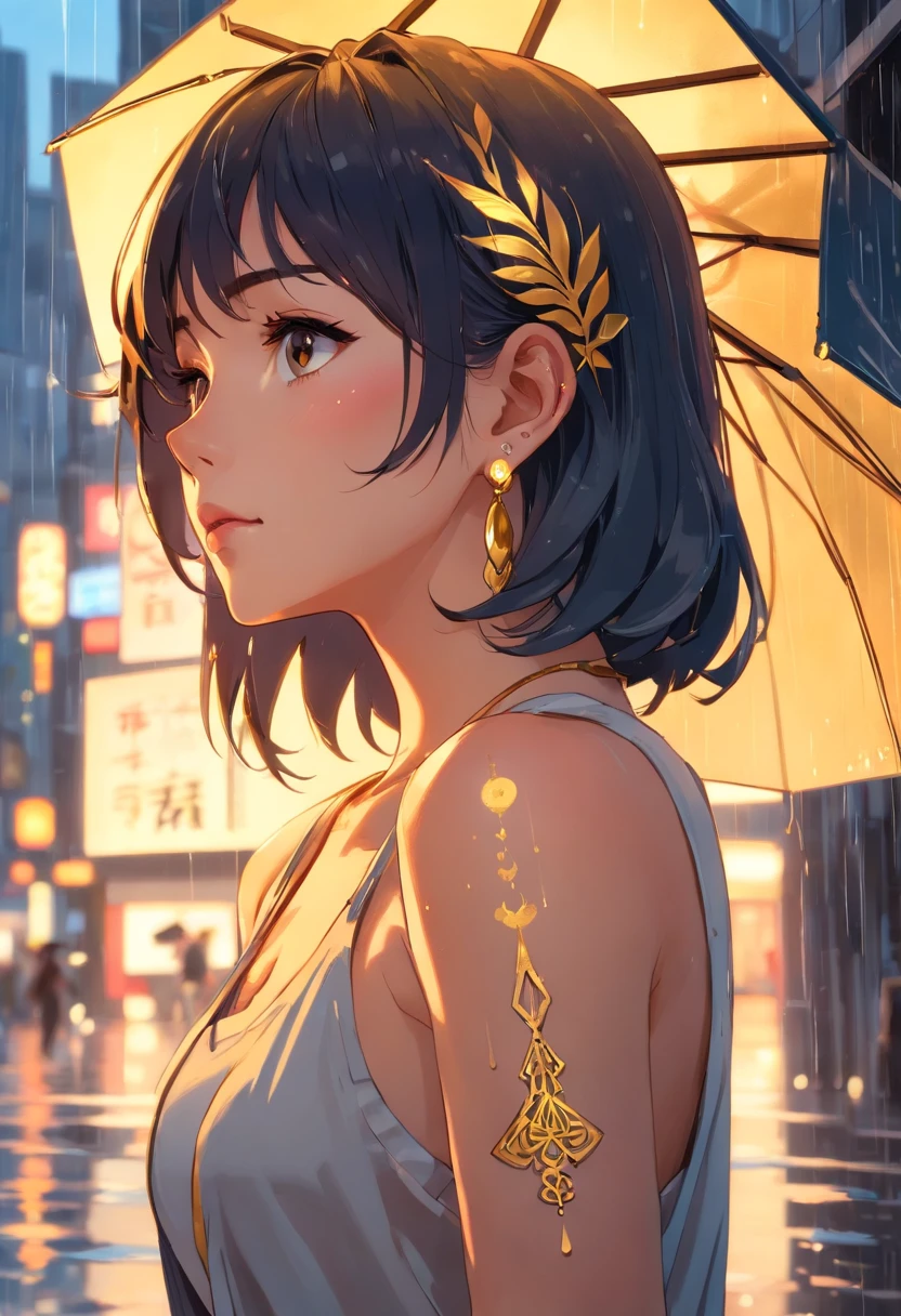gold tattoos with a girl in rain with golden earrings, in the style of vray tracing, martin ansin, yuumei, poured, close up, dark white and gold, speedpainting, masterpiece, best quality,
