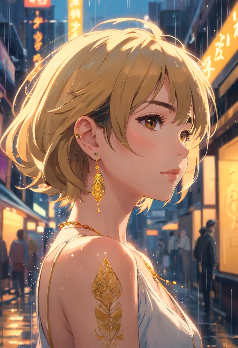 gold tattoos with a girl in rain with golden earrings, in the style of vray tracing, martin ansin, yuumei, poured, close up, dark white and gold, speedpainting, masterpiece, best quality,
