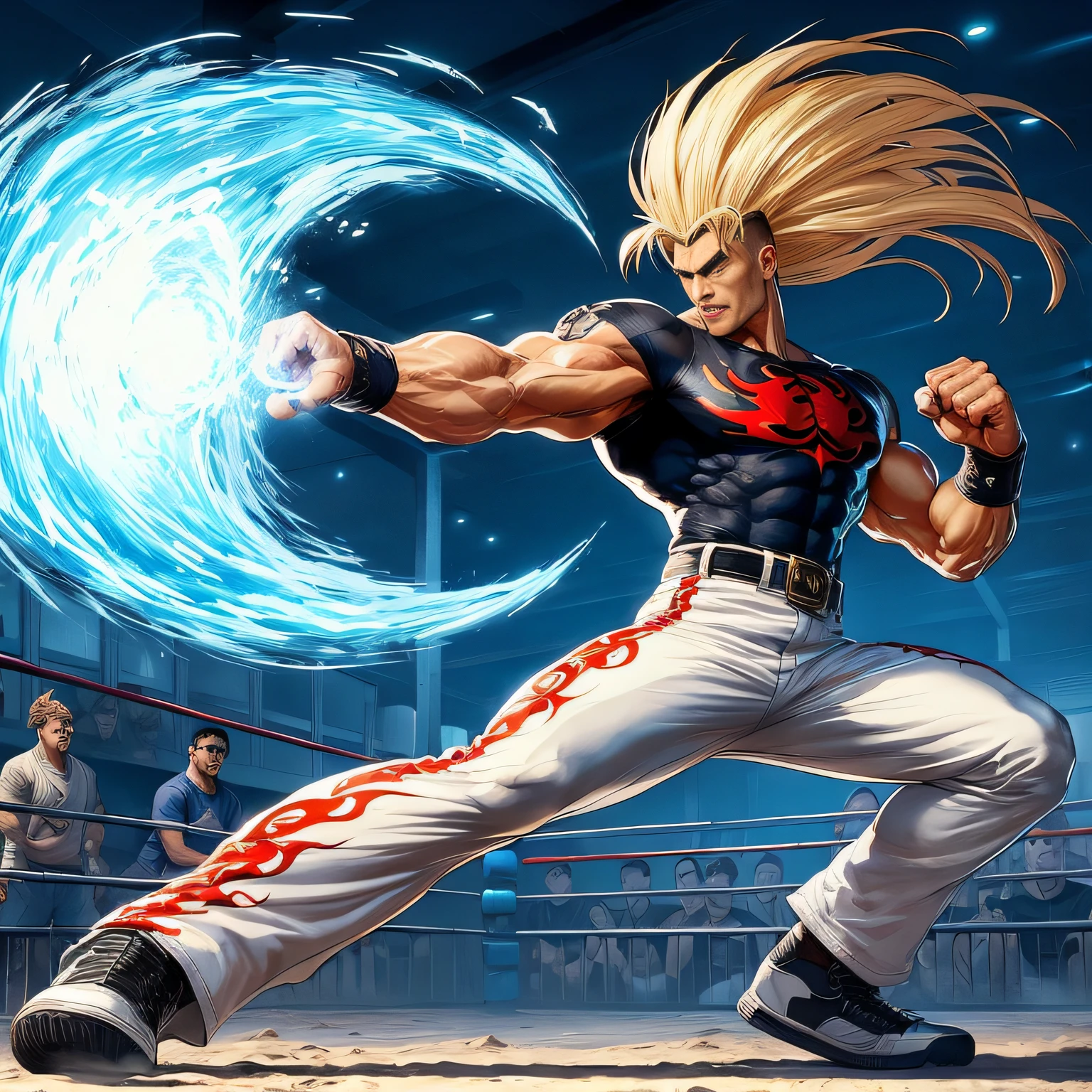 um close up de uma pessoa em um ringue de boxe com uma bola, Personagem de King of Fighters, personagem de jogo de luta, Estilo Rei dos Lutadores, como personagem em tekken, Hadouken, Mudoken, Furio Tetesschi, Pose de lutador, de virtua figther, postura de luta, Kazuya Tsurumaki, jogo de luta, Pose de luta