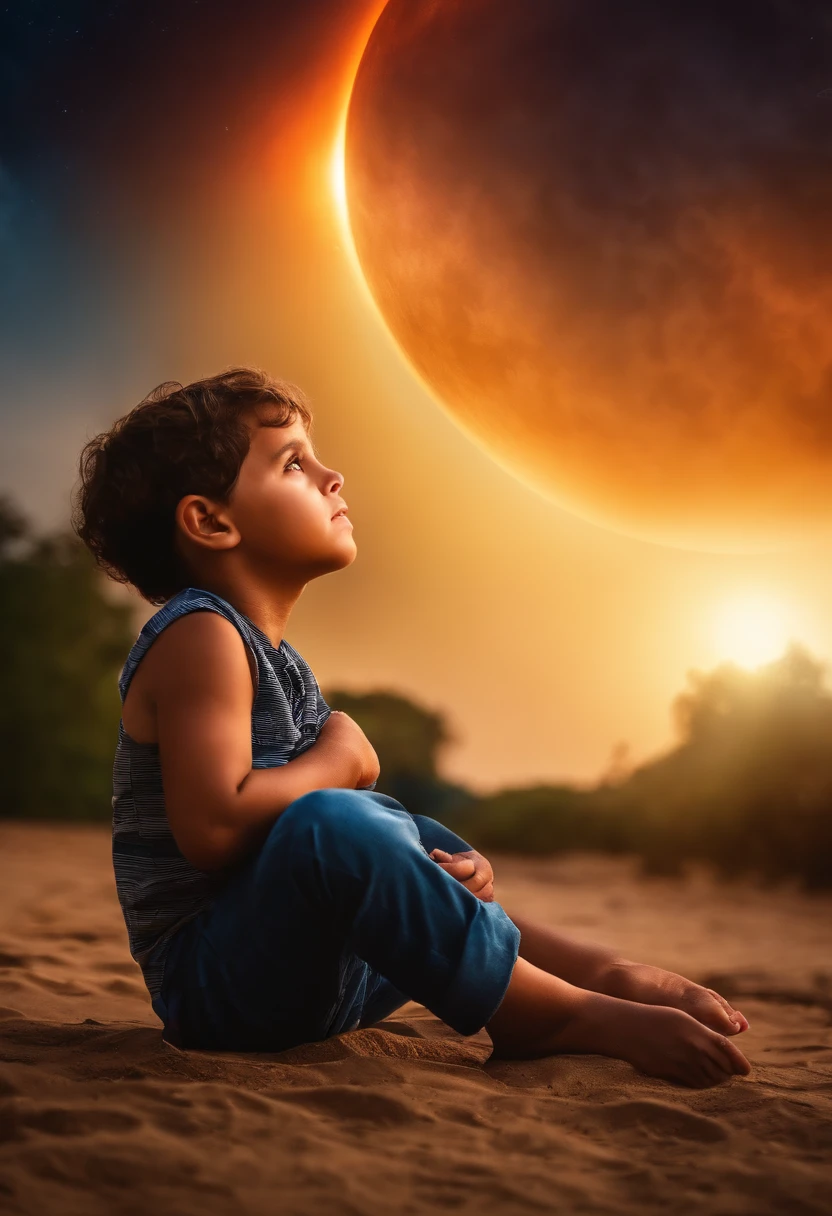 Barefoot boy sitting on the ground looking up at the sky with an annular eclipse happening