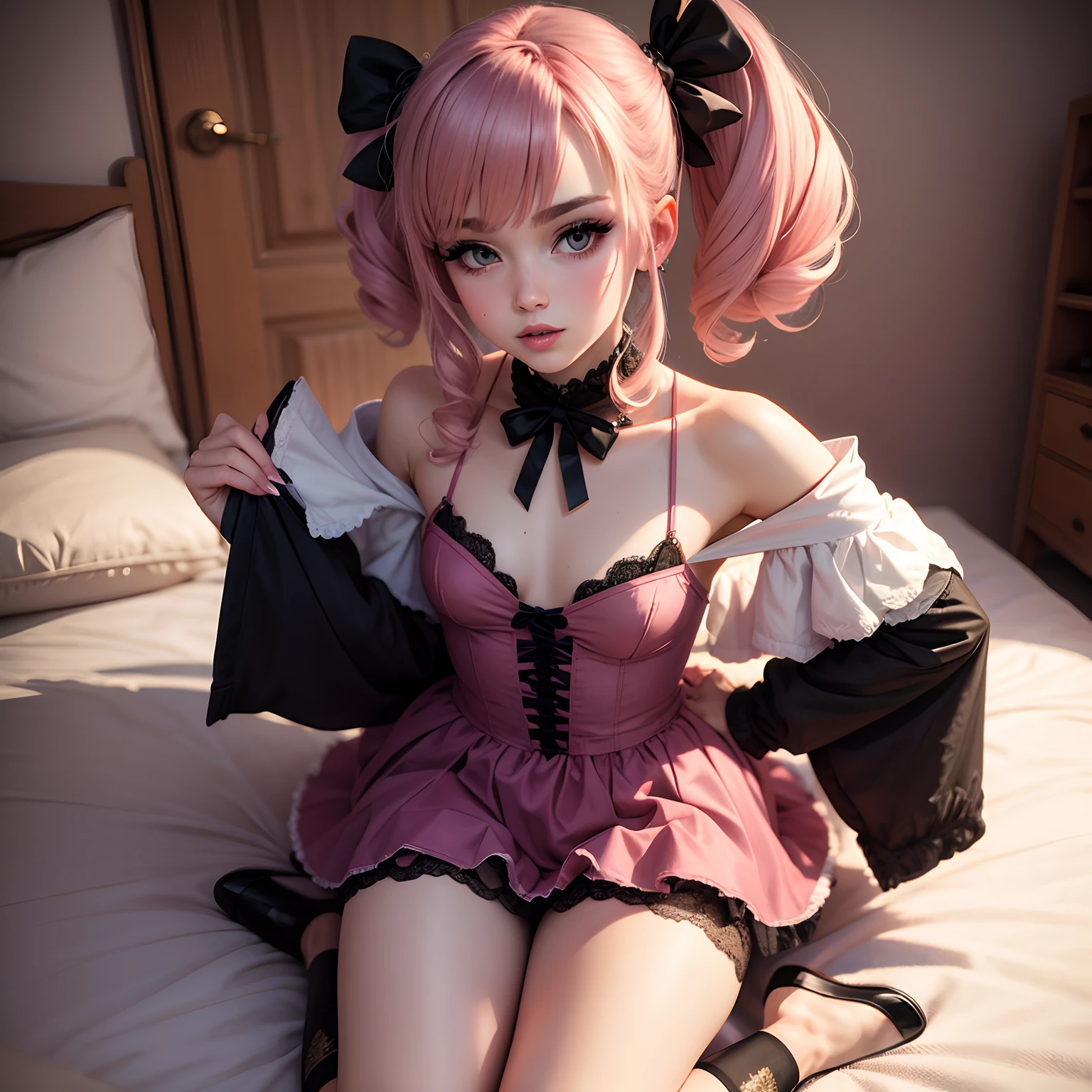 Thin thighs, jade feet, stockings, goddess, jk skirt, double ponytail, pink hair, white transparent shirt, black pleated skirt, black transparent pantyhose, sitting position, legs raised and spread out, hands on sides, white transparent panties, realistic, Kasugano dome face