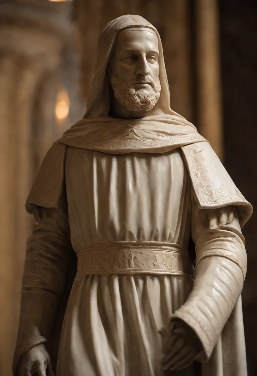 Create an artist's depiction of Baldwin IV, the leper king of Jerusalem, using a plaster statue and an iron mask. The statue should depict you majestically, apesar da lepra que o aflige, Conveying your courage and leadership. The Iron Mask, usada para ocultar os efeitos da lepra, simboliza sua luta e tenacidade. O fundo deve ser cinza, proporcionando uma atmosfera solene e destacando a figura do rei. He's alone in the scene, evoking a sense of loneliness and reflection on his life and kingdom.