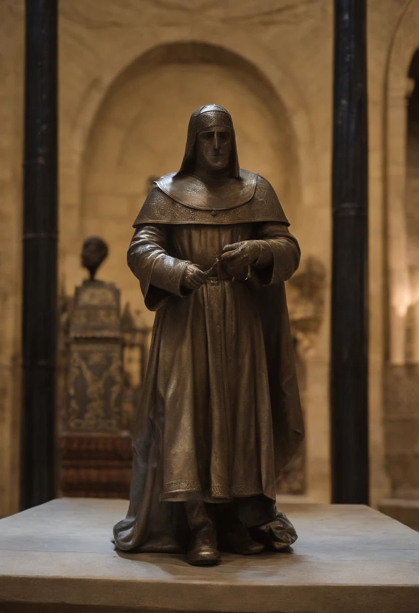 Create an artist's depiction of Baldwin IV, the leper king of Jerusalem, using a plaster statue and an iron mask. The statue should depict you majestically, apesar da lepra que o aflige, Conveying your courage and leadership. The Iron Mask, usada para ocultar os efeitos da lepra, simboliza sua luta e tenacidade. O fundo deve ser cinza, proporcionando uma atmosfera solene e destacando a figura do rei. He's alone in the scene, evoking a sense of loneliness and reflection on his life and kingdom.