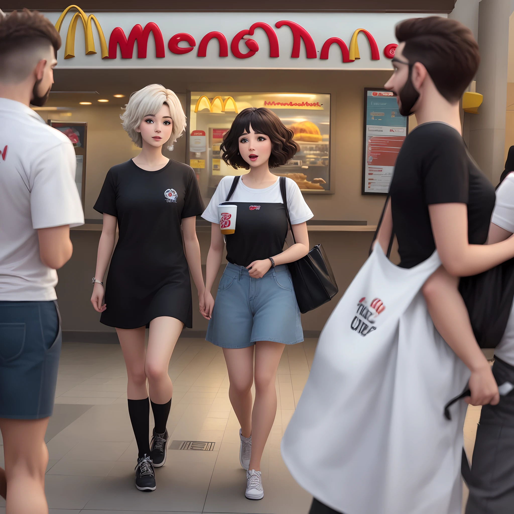 chico de pelo corto y chica de pelo largo entrando en un mcdonalds