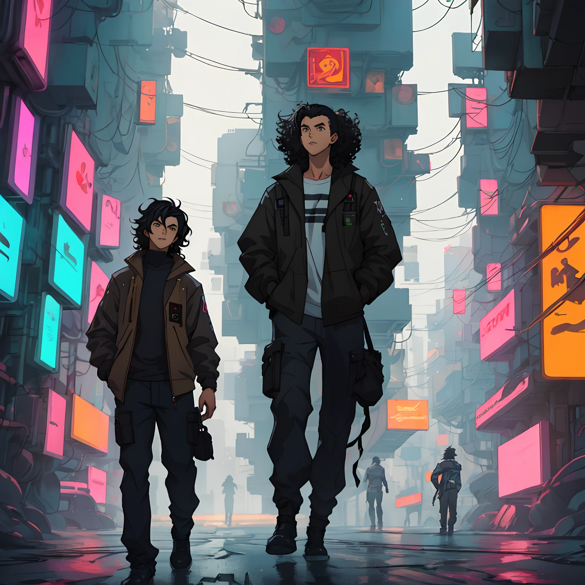 Male black haired anime character with medium length curly hair in cyberpunk style