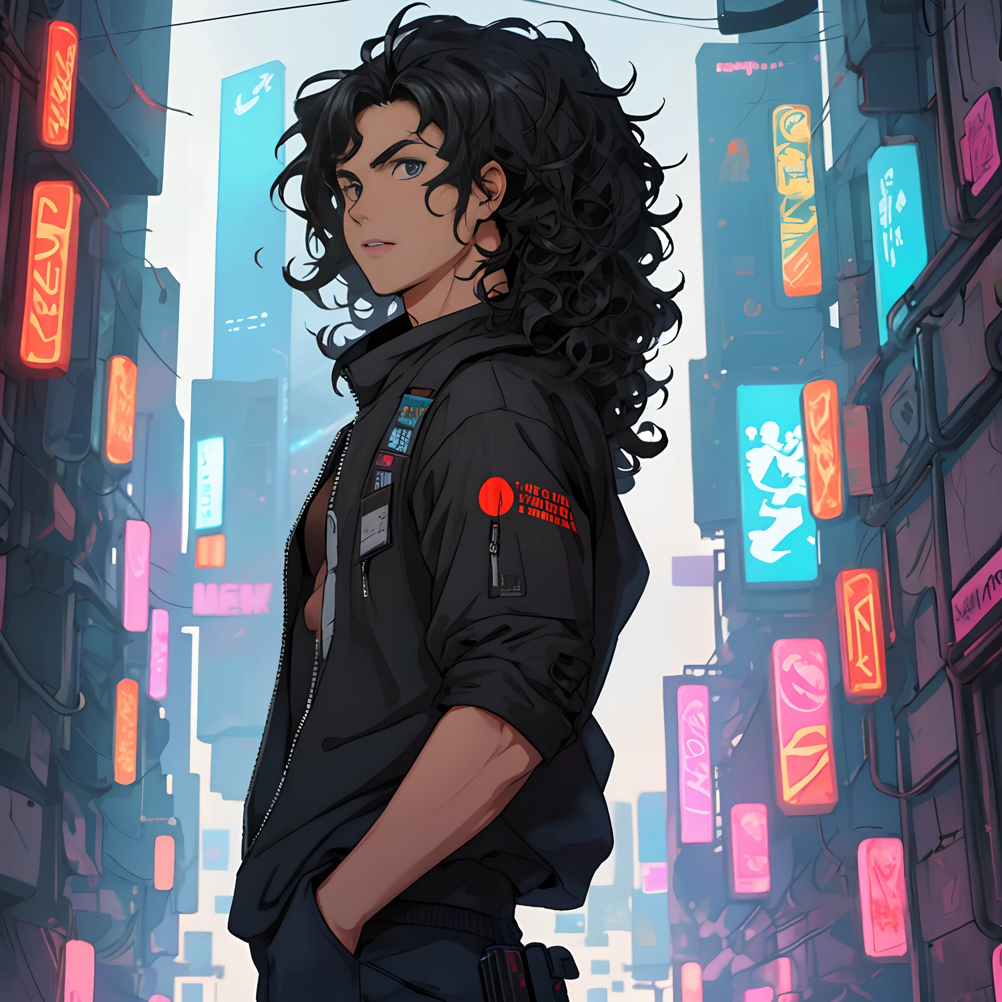 Male black haired anime character with medium length curly hair in cyberpunk style