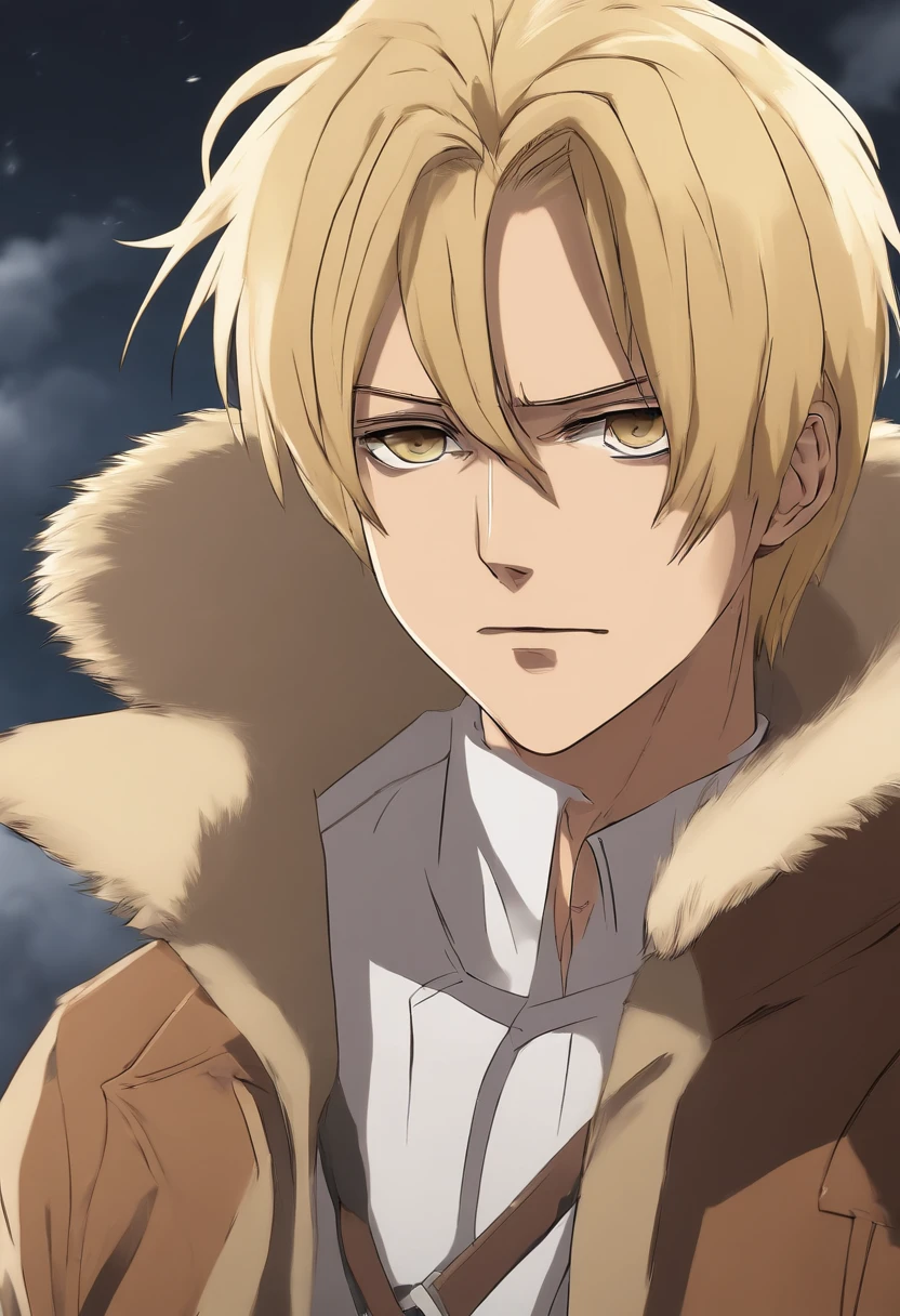 Anime, Attack On Titan, Marleyan, Tybur family, 30 year old man, medium length blonde hair going down to the end of his head, wearing a beige bomber jacket with white buttoned t-shirt