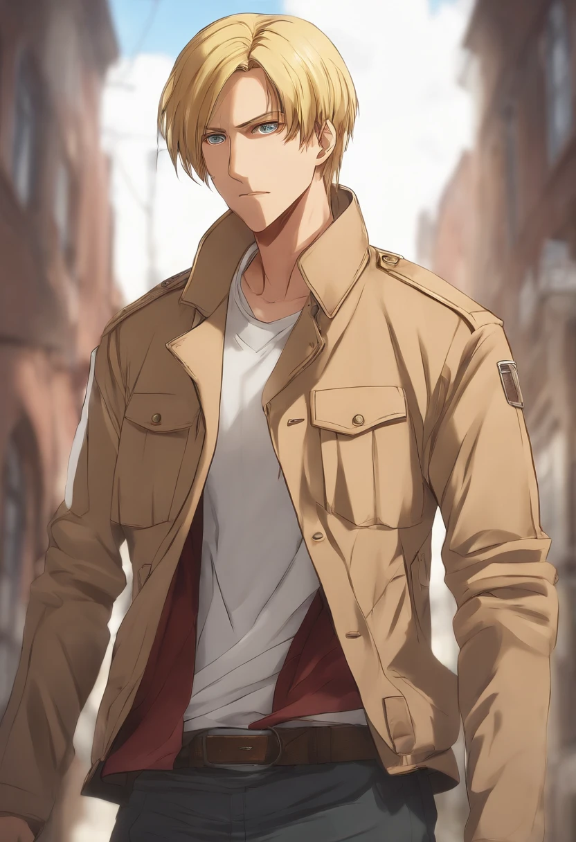 Anime, Attack On Titan, Marleyan, Tybur family, 30 year old man, medium length blonde hair going down to the end of his head, wearing a beige bomber jacket with white buttoned t-shirt