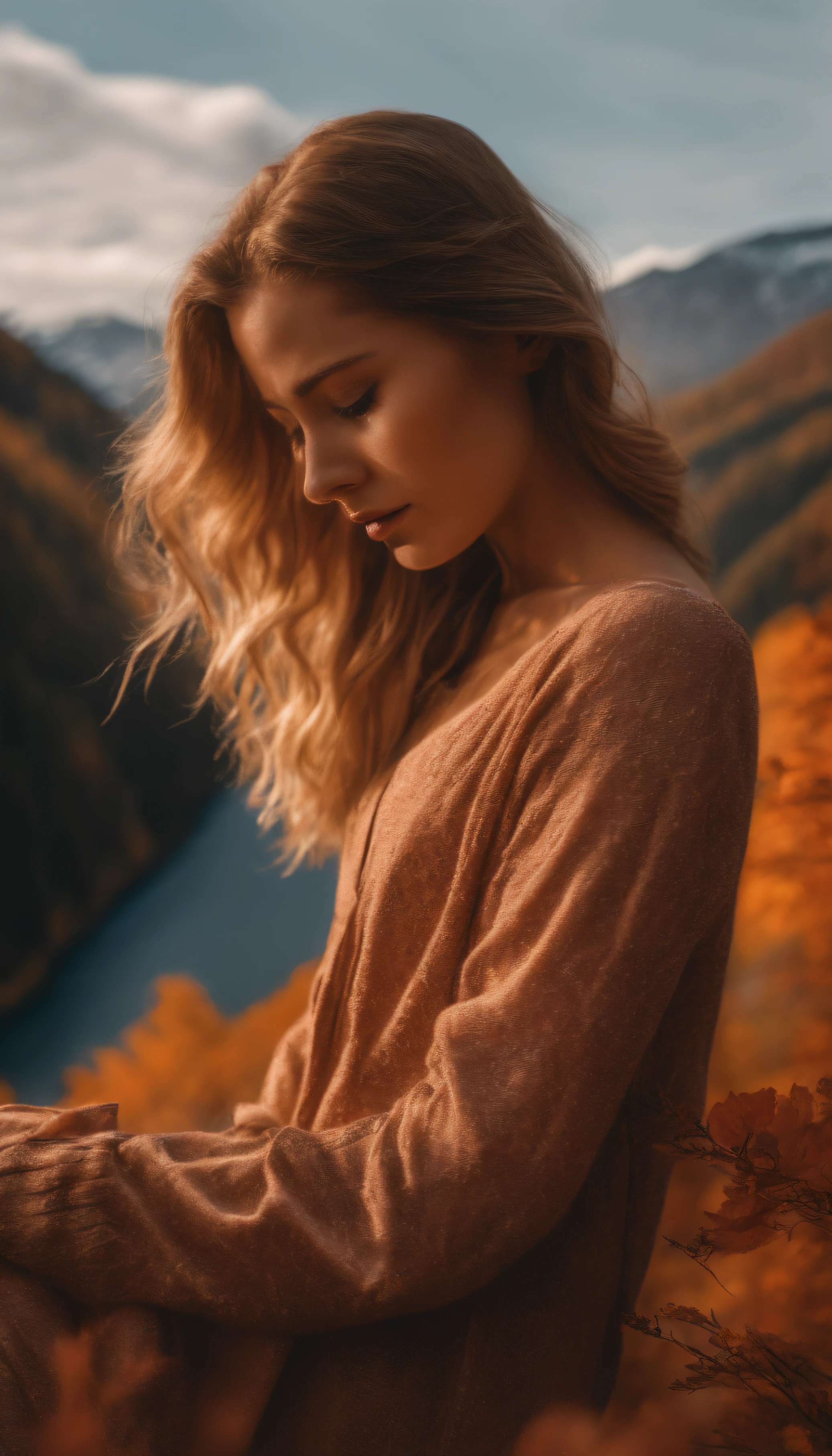Highly detailed masterpiece 8K high-resolution content,Autumn alpine valley,Flaming red maple,eventide,Scenic beauty,Autumn leaves float in the air,There are sparkling particles fluttering,Warm light background,1 girl walking on the road,Surrealist portraits of women by David Hockney and Alphonse Mucha,hair glowing,s the perfect face,Melancholy eyes,brunette color hair,long whitr hair,Wear a jacket,Lazy movements,warm and comfortable,With a little cool autumn light,warm color:High saturation,Bright composition。。,Top-down composition ,Media components,Realistic photo style