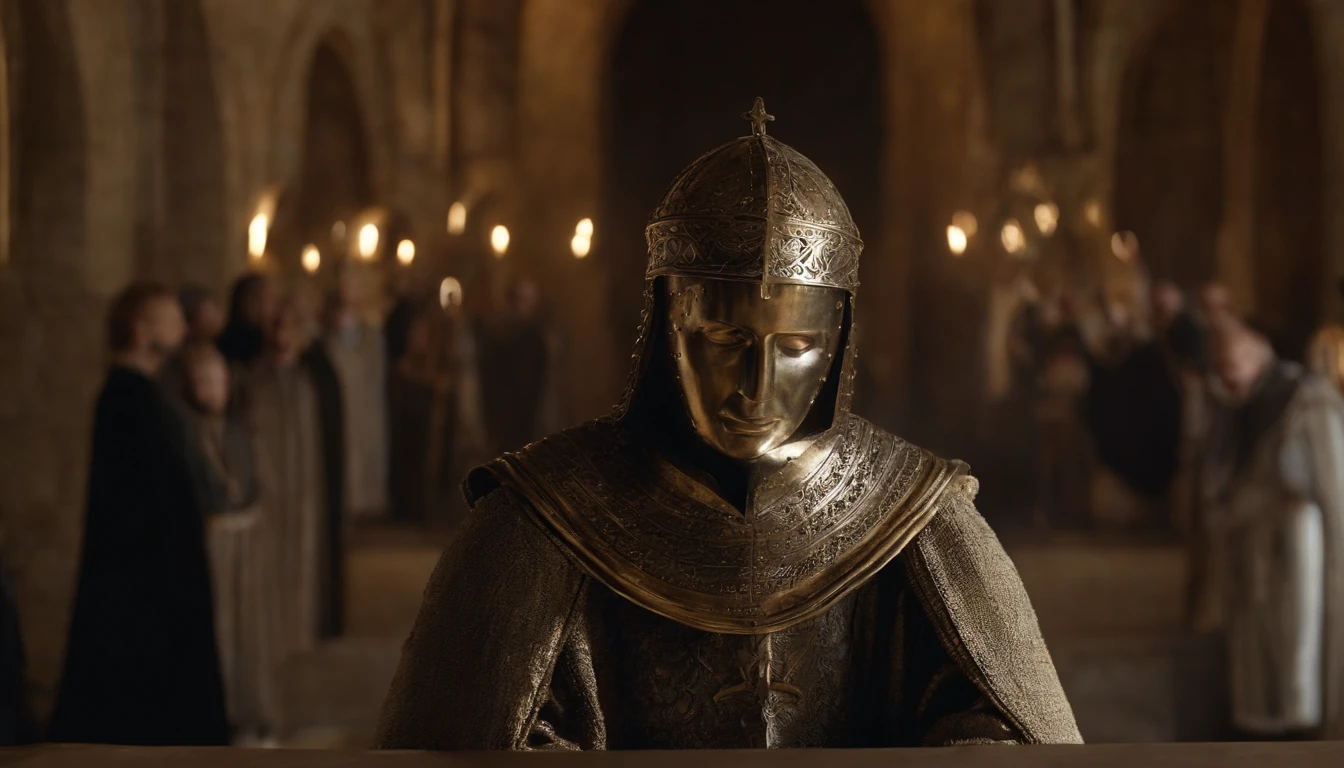 Create an artist's impression of Baldwin IV, the leper king of Jerusalem, wearing a plaster statue and an iron mask. The statue should represent him majestically, apesar da lepra que o aflige, Conveying your courage and leadership. The Iron Mask, usada para ocultar os efeitos da lepra, simboliza sua luta e tenacidade. O fundo deve ser cinza, proporcionando uma atmosfera solene e destacando a figura do rei. He's alone in the scene, evoking a sense of loneliness and reflection on his life and kingdom.