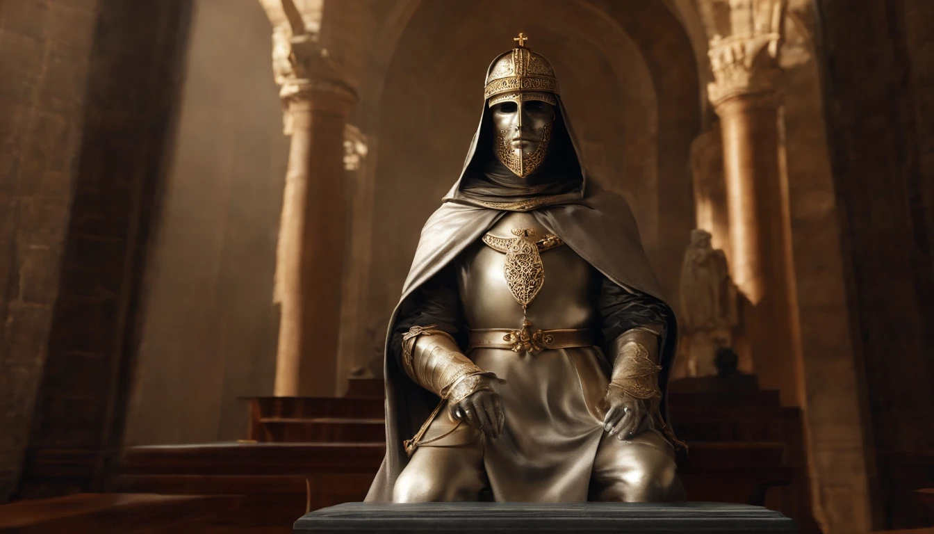 Create an artist's impression of Baldwin IV, the leper king of Jerusalem, wearing a plaster statue and an iron mask. The statue should represent him majestically, apesar da lepra que o aflige, Conveying your courage and leadership. The Iron Mask, usada para ocultar os efeitos da lepra, simboliza sua luta e tenacidade. O fundo deve ser cinza, proporcionando uma atmosfera solene e destacando a figura do rei. He's alone in the scene, evoking a sense of loneliness and reflection on his life and kingdom.
