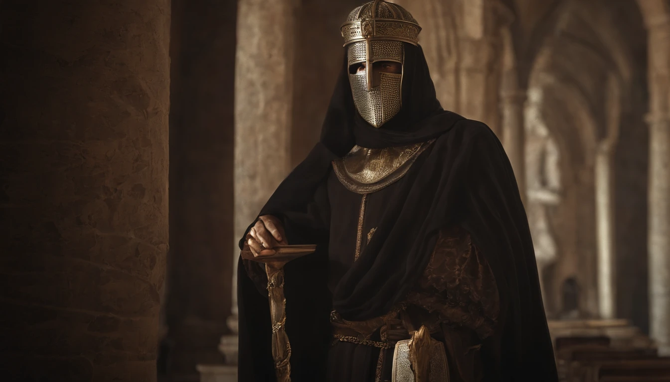 Create an artist's impression of Baldwin IV, the leper king of Jerusalem, wearing a plaster statue and an iron mask. The statue should represent him majestically, apesar da lepra que o aflige, Conveying your courage and leadership. The Iron Mask, usada para ocultar os efeitos da lepra, simboliza sua luta e tenacidade. O fundo deve ser cinza, proporcionando uma atmosfera solene e destacando a figura do rei. He's alone in the scene, evoking a sense of loneliness and reflection on his life and kingdom.