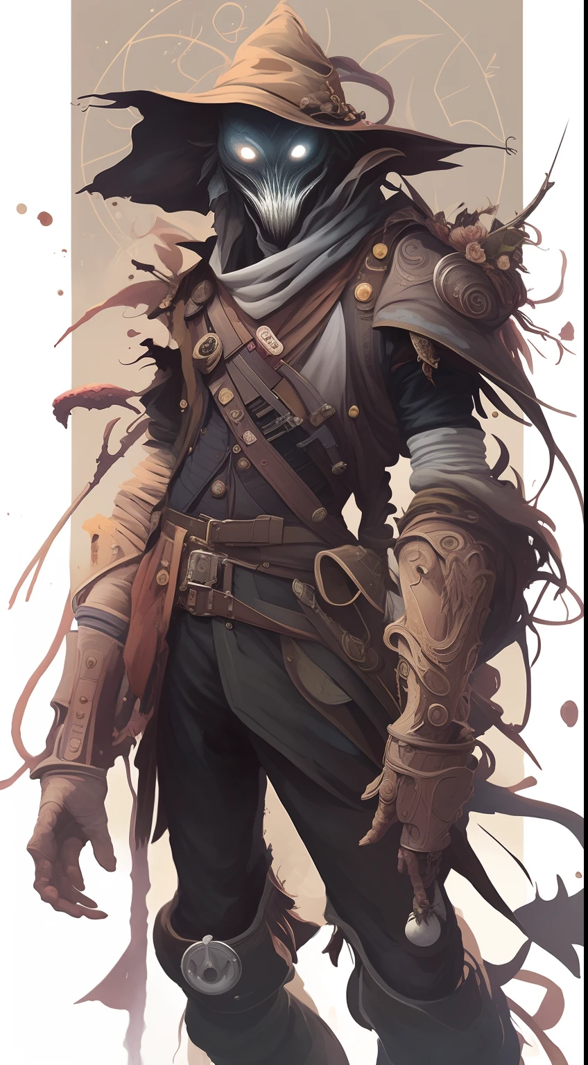 A closeup of a person with a hat and a costume, Greg Tocchini, portrait of a bloodborne hunter, Estilo Peter Mohrbacher, Mohrbacher, Krenz Cushart e Artem Demura, JC Leyendecker e Sachin Teng, Estilo de Peter Mohrbacher, Artgerm Craig Mullins, espantalho masculino poderoso
