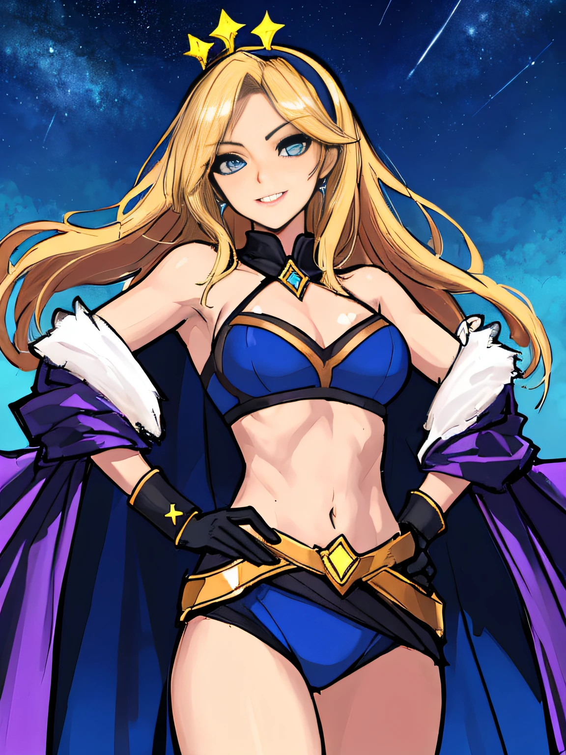 (absurdres, 8k, 4k, masterpiece, hyper extreme detailed:1.2), solo, 1girl, portrait, best quality, expressive eyes, perfect face, 1girl, portrait, solo, Female, mature female, adult, perfect anatomy, lux, luxanna crownguard, league of legends, cowboy shot, looking at viewer, 1girl, solo, blonde hair, royal crown, fur cloak, white hairband, long hair, standing, heroic, leader, friendly, justice, king's crown, floating crown, royal, understanding, friendly, heroic, ripped clothing, gloves, blue eyes, stars, hopes, dreams, blue sky, night time, midriff, star on shirt, closed mouth smile, swimsuit, star bikini, two piece, hands on hips,