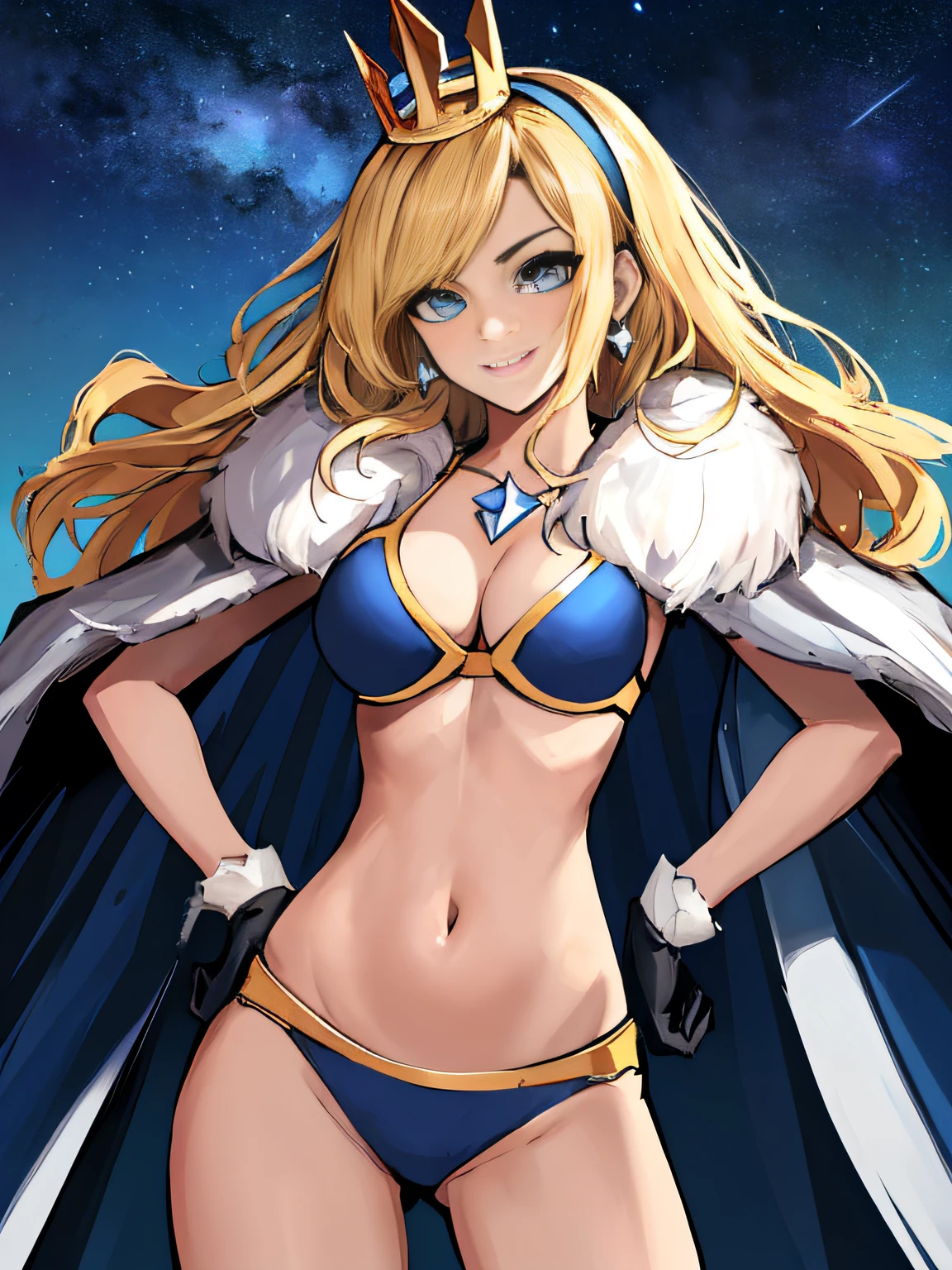 (absurdres, 8k, 4k, masterpiece, hyper extreme detailed:1.2), solo, 1girl, portrait, best quality, expressive eyes, perfect face, 1girl, portrait, solo, Female, mature female, adult, perfect anatomy, lux, luxanna crownguard, league of legends, cowboy shot, looking at viewer, 1girl, solo, blonde hair, royal crown, fur cloak, white hairband, long hair, standing, heroic, leader, friendly, justice, king's crown, floating crown, royal, understanding, friendly, heroic, ripped clothing, gloves, blue eyes, stars, hopes, dreams, blue sky, night time, midriff, star on shirt, closed mouth smile, swimsuit, star bikini, two piece, hands on hips,