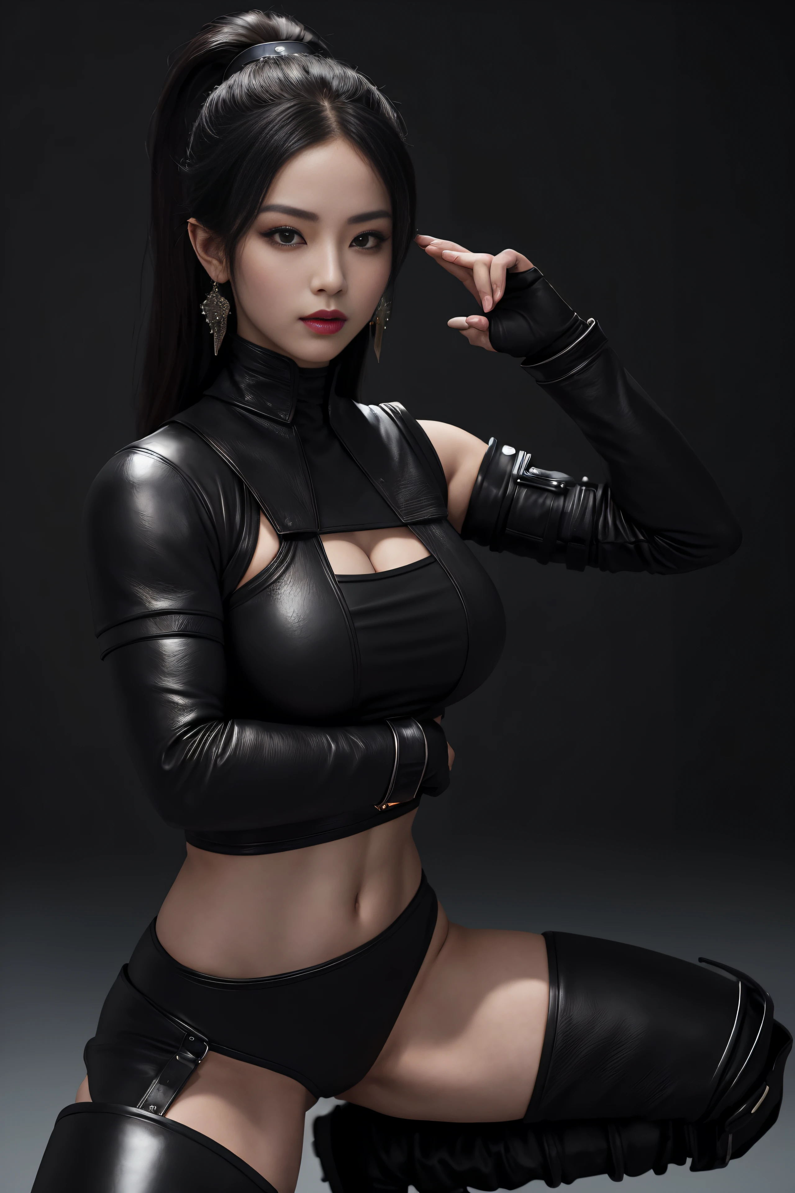 (masterpiece, top quality, best quality, official art, beautiful and aesthetic:1.2), (1girl:1.3), (fractal art:1.3), solo, Jade from mortal kombat, Mortal Kombat video game, black headband, long hair, huge breasts, beautiful faces, Asian lady, leather black ninja uniform for lady, black gloves, black brown hair, black leather long socks, long black footwear, sexy ninja black leather uniform , earrings, midriff, navel, toned, looking at viewer, full body, fighting stance, the background behind very dark and black, bright neon lighting